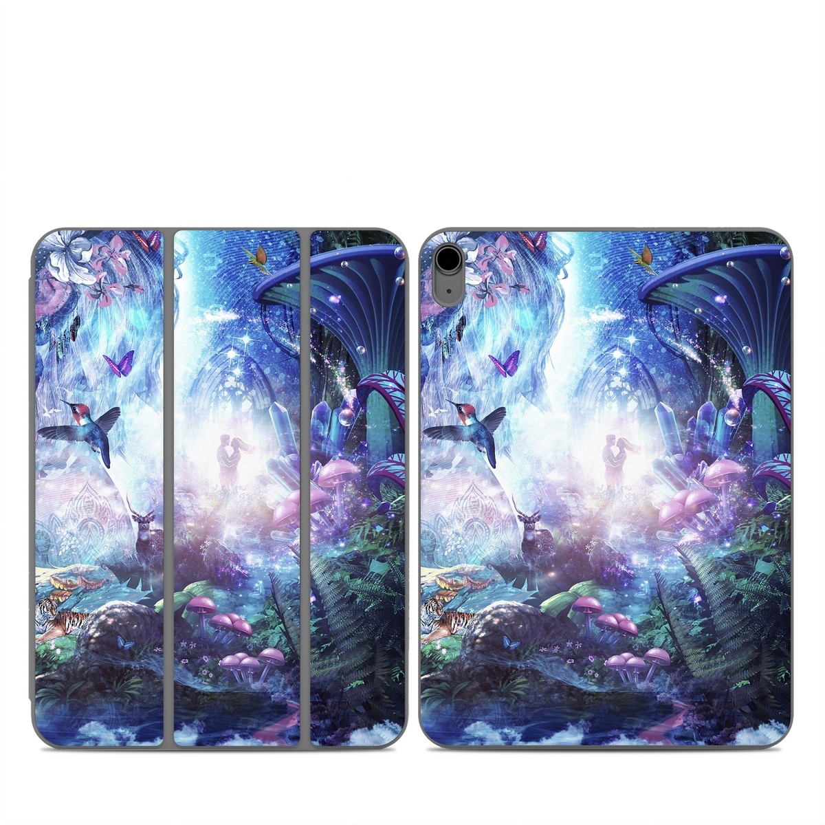 Smart Folio for iPad Series Skin design of Man, Woman, Fictional Character, Mythology, Bird, Wing, Mythical Creature, Deer, Tiger, Mushrooms, Butterfly, with white, blue, green, red, yellow, black, purple, gray colors