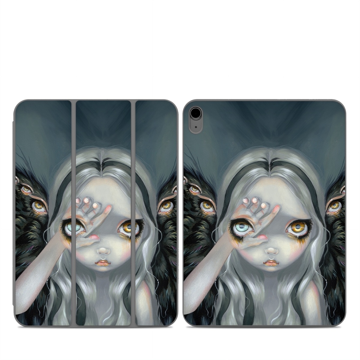 Smart Folio for iPad Series Skin design of Face, Head, Cg artwork, Eye, Illustration, Organ, Fictional character, Art, Iris, Darkness, with black, gray, blue, green colors
