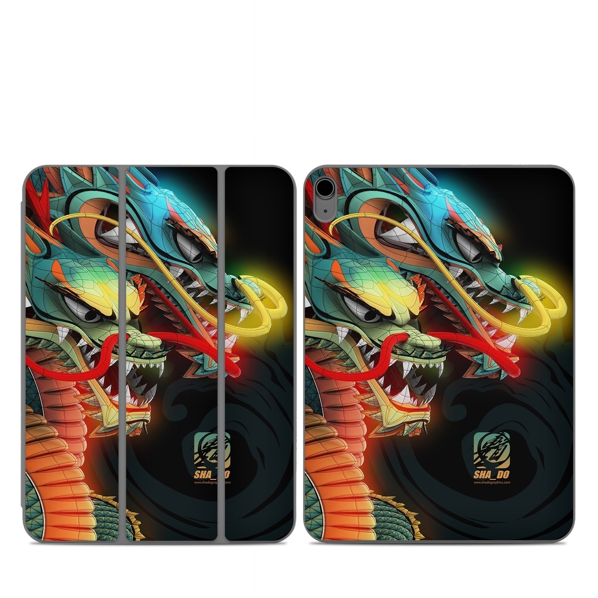 Smart Folio for iPad Series Skin design of Dragon, Fictional character, Illustration, Art, Cg artwork, Fiction, Mythical creature, Graphics, with black, green, red, yellow, orange colors