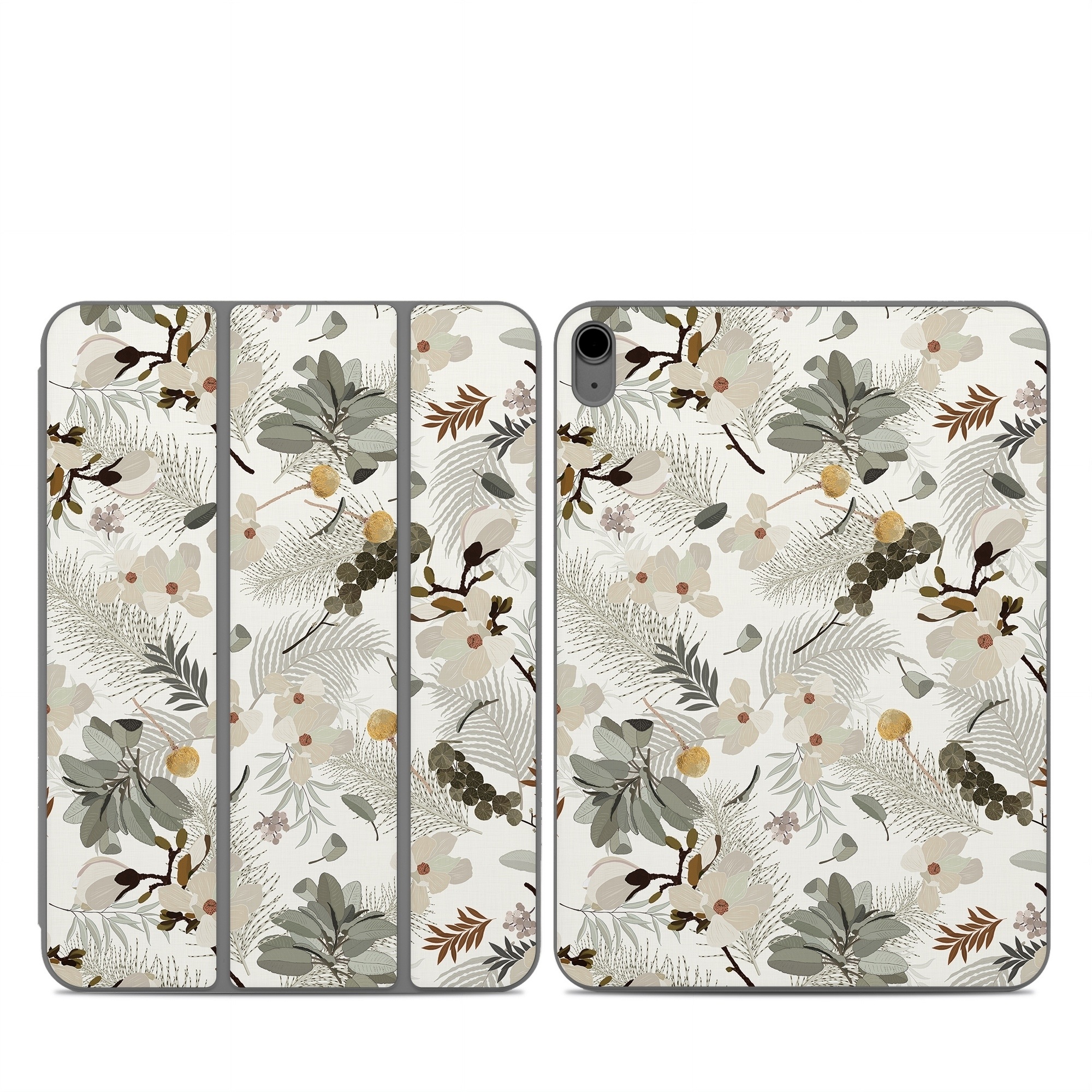 Smart Folio for iPad Series Skin design of Branch, Botany, Twig, Plant, Textile, Organism, Art, Creative arts, Pattern, Tints and shades, with white, green, yellow, brown, gray colors