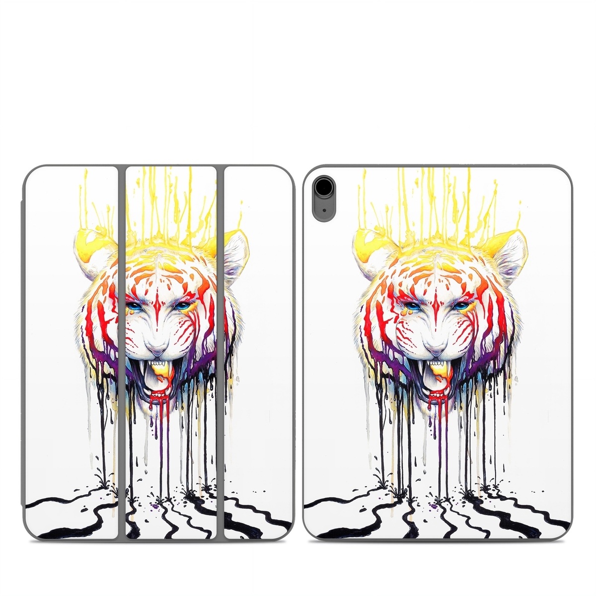 Smart Folio for iPad Series Skin design of Jaw, Roar, Organism, Gesture, Art, Font, Felidae, Painting, Illustration, Drawing, with white, black, yellow, red, orange, purple colors