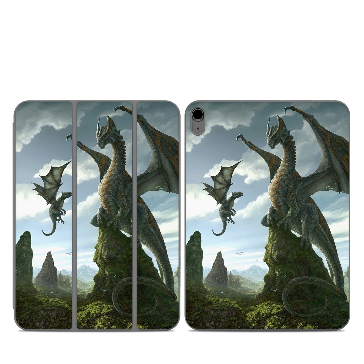 Smart Folio for iPad Series Skin design of Dragon, Cg artwork, Fictional character, Mythical creature, Mythology, Extinction, Cryptid, Illustration, Games, Massively multiplayer online role-playing game, with black, gray, blue, white, purple colors