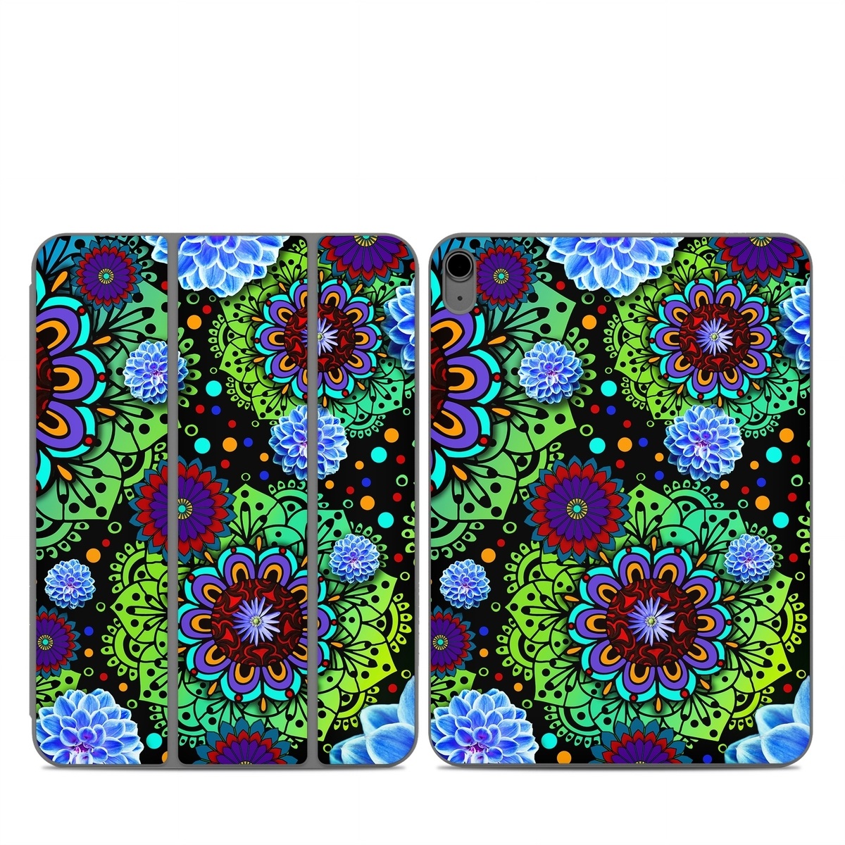 Smart Folio for iPad Series Skin design of Pattern, Psychedelic art, Design, Flower, Art, Visual arts, Floral design, Plant, Textile, Symmetry, with black, blue, green, purple colors