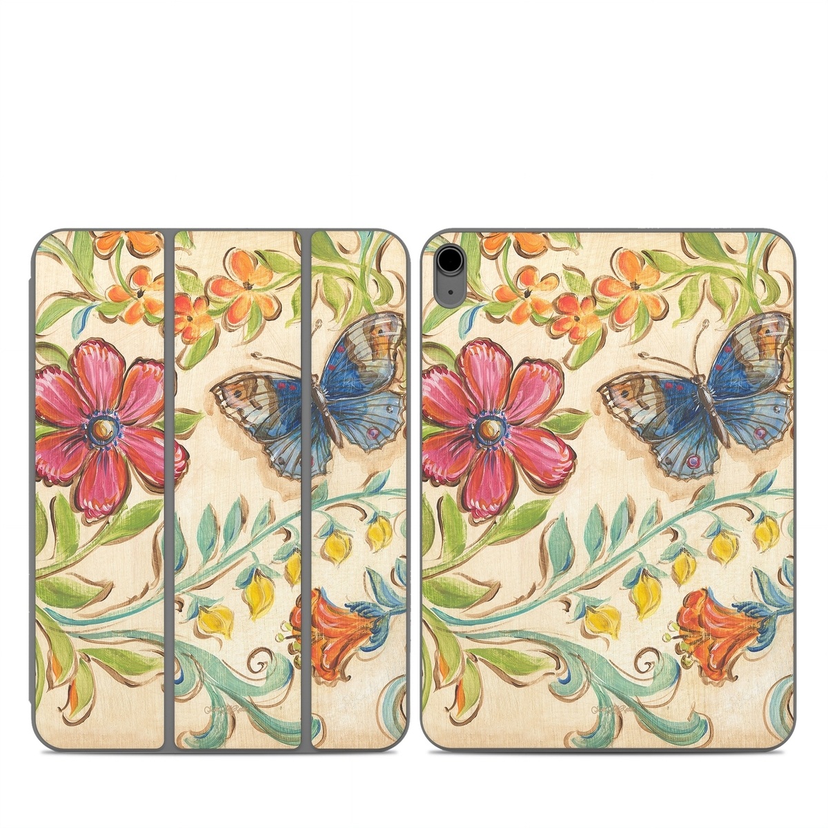 Smart Folio for iPad Series Skin design of Butterfly, Moths and butterflies, Insect, Pollinator, Plant, Pattern, Watercolor paint, Wildflower, Visual arts, Brush-footed butterfly, with gray, pink, green, red, orange, blue colors