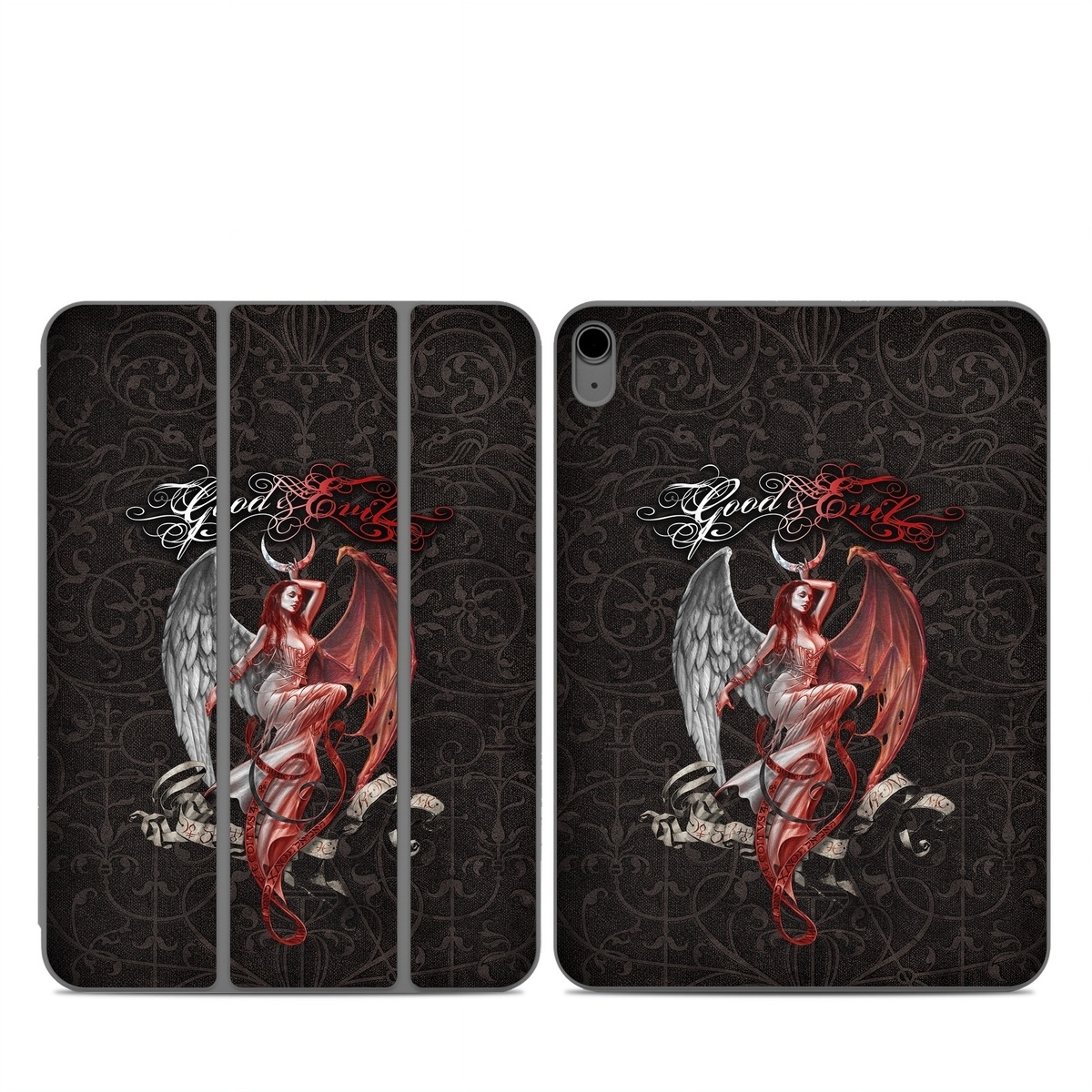 Smart Folio for iPad Series Skin design of Illustration, Fictional character, Graphic design, Supernatural creature, Demon, Cg artwork, Art, Mythology, Angel, Wing, with black, white, red colors