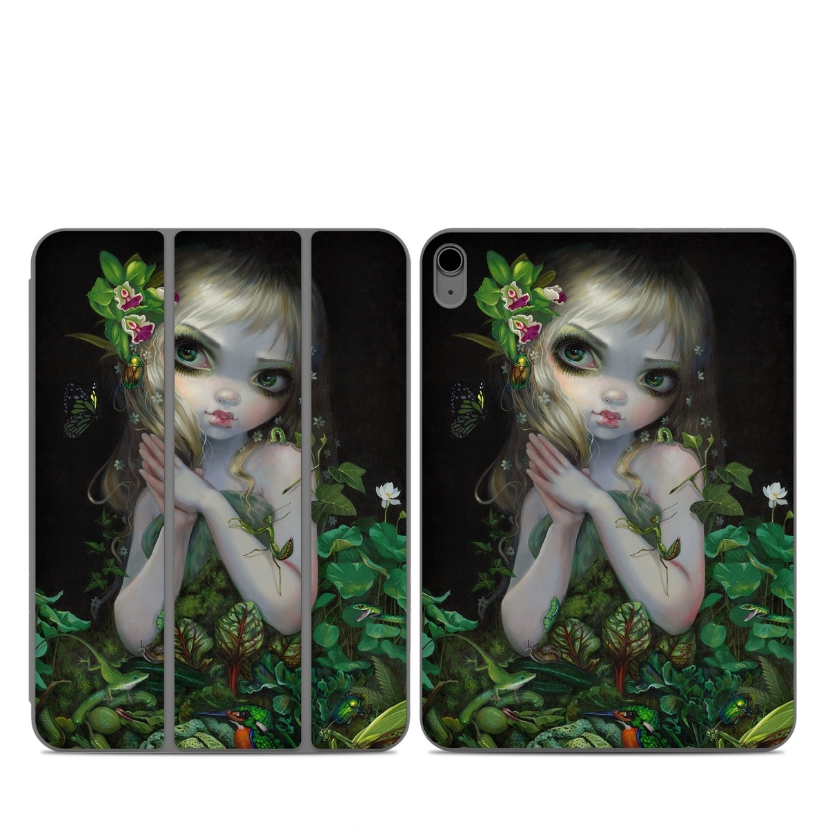 Smart Folio for iPad Series Skin design of Green, Doll, Fictional character, Lip, Plant, Supervillain, Flower, Illustration, Ivy, Fawn, with black, white, green, red colors