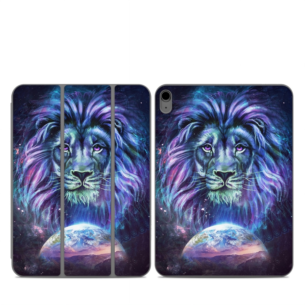 Smart Folio for iPad Series Skin design of Lion, Felidae, Purple, Wildlife, Big cats, Illustration, Darkness, Space, Painting, Art, with purple, blue, green, black, white, red colors