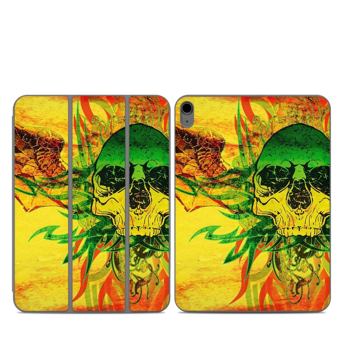 Smart Folio for iPad Series Skin design of Psychedelic art, Skull, Illustration, Bone, Art, Graphic design, Visual arts, Poster, Plant, Painting, with green, orange, black, red colors