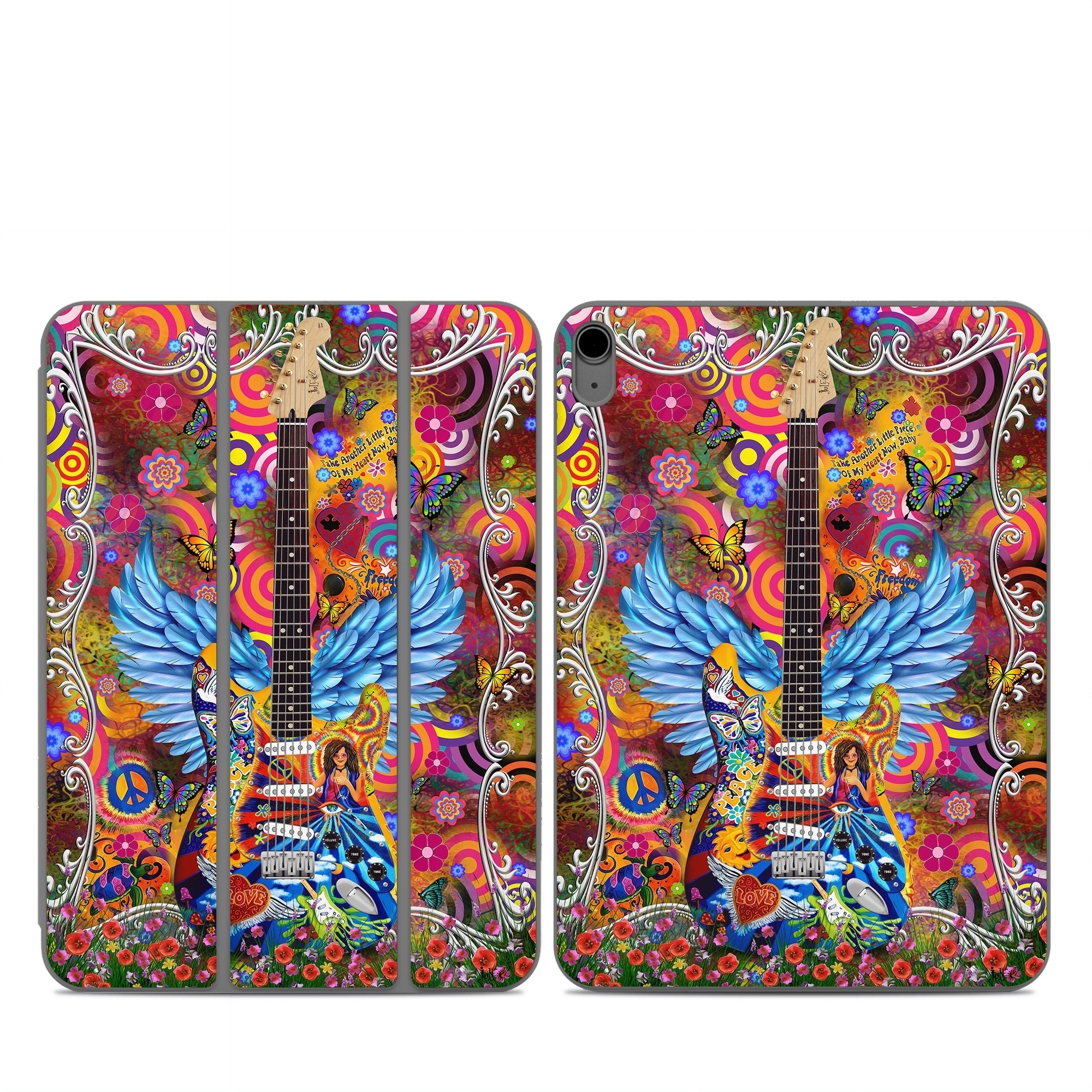 Smart Folio for iPad Series Skin design of Musical instrument, Guitar, Guitar accessory, Textile, Organism, String instrument, Plucked string instruments, String instrument accessory, Art, Font, with red, yellow, orange, pink, black, white, blue, brown, green colors
