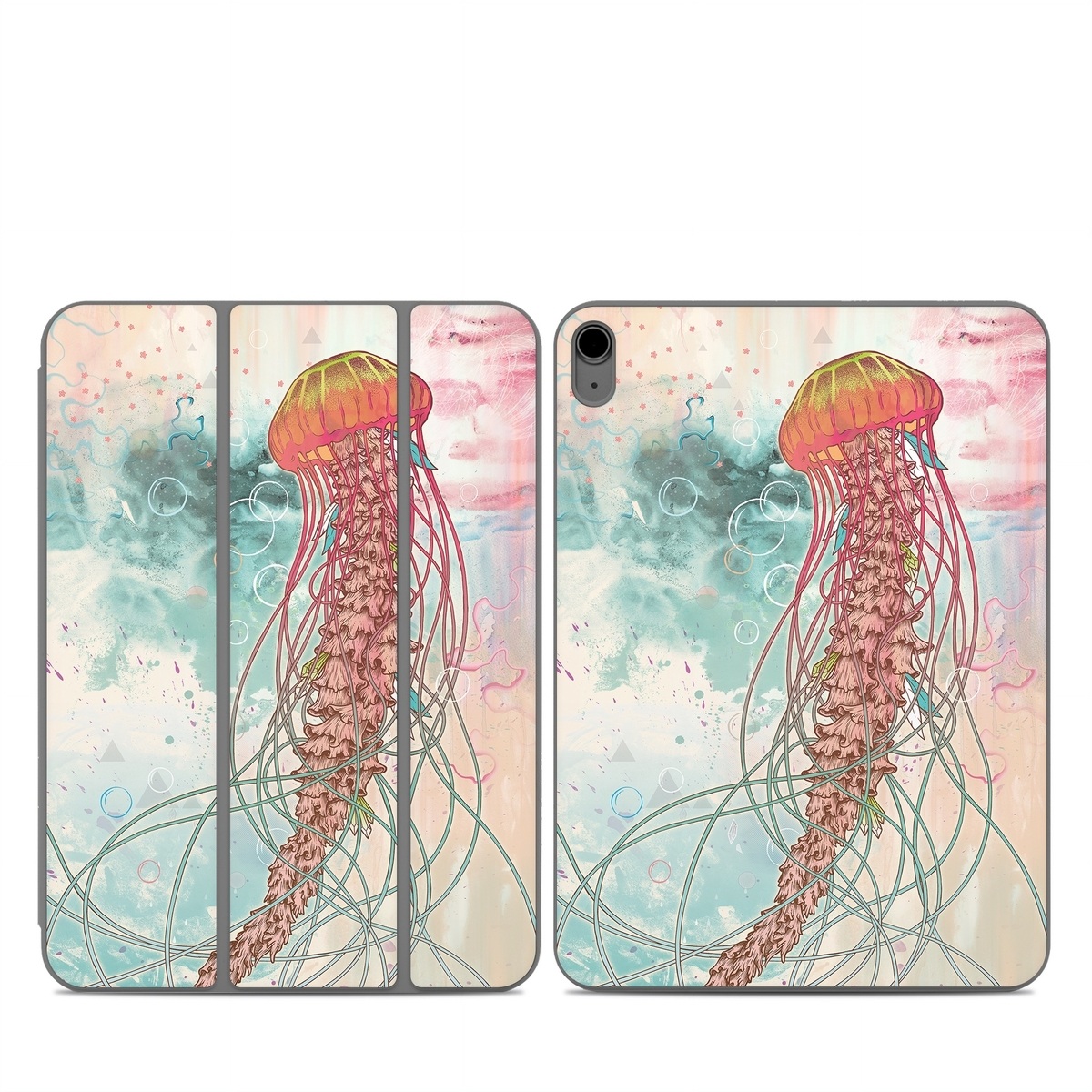 Smart Folio for iPad Series Skin design of Jellyfish, Illustration, Water, Cnidaria, Marine invertebrates, Organism, Portuguese man o' war, Art, Nepenthes, Invertebrate, with gray, pink, yellow, red, green colors