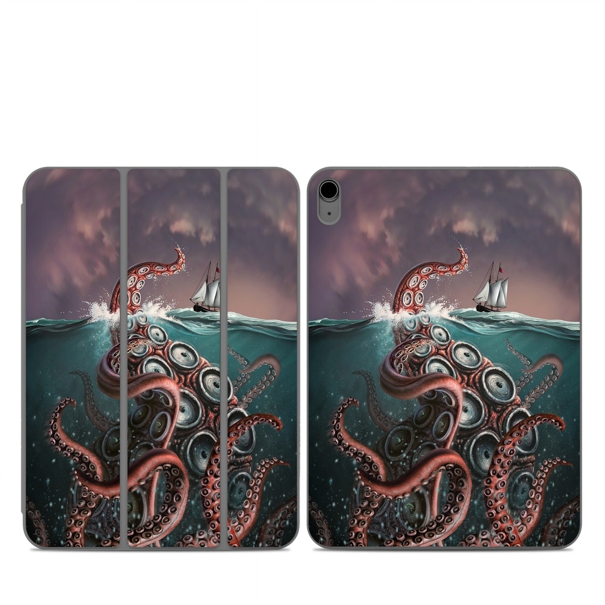 Smart Folio for iPad Series Skin design of Octopus, Water, Illustration, Wind wave, Sky, Graphic design, Organism, Cephalopod, Cg artwork, giant pacific octopus, with blue, gray, white, brown, red colors