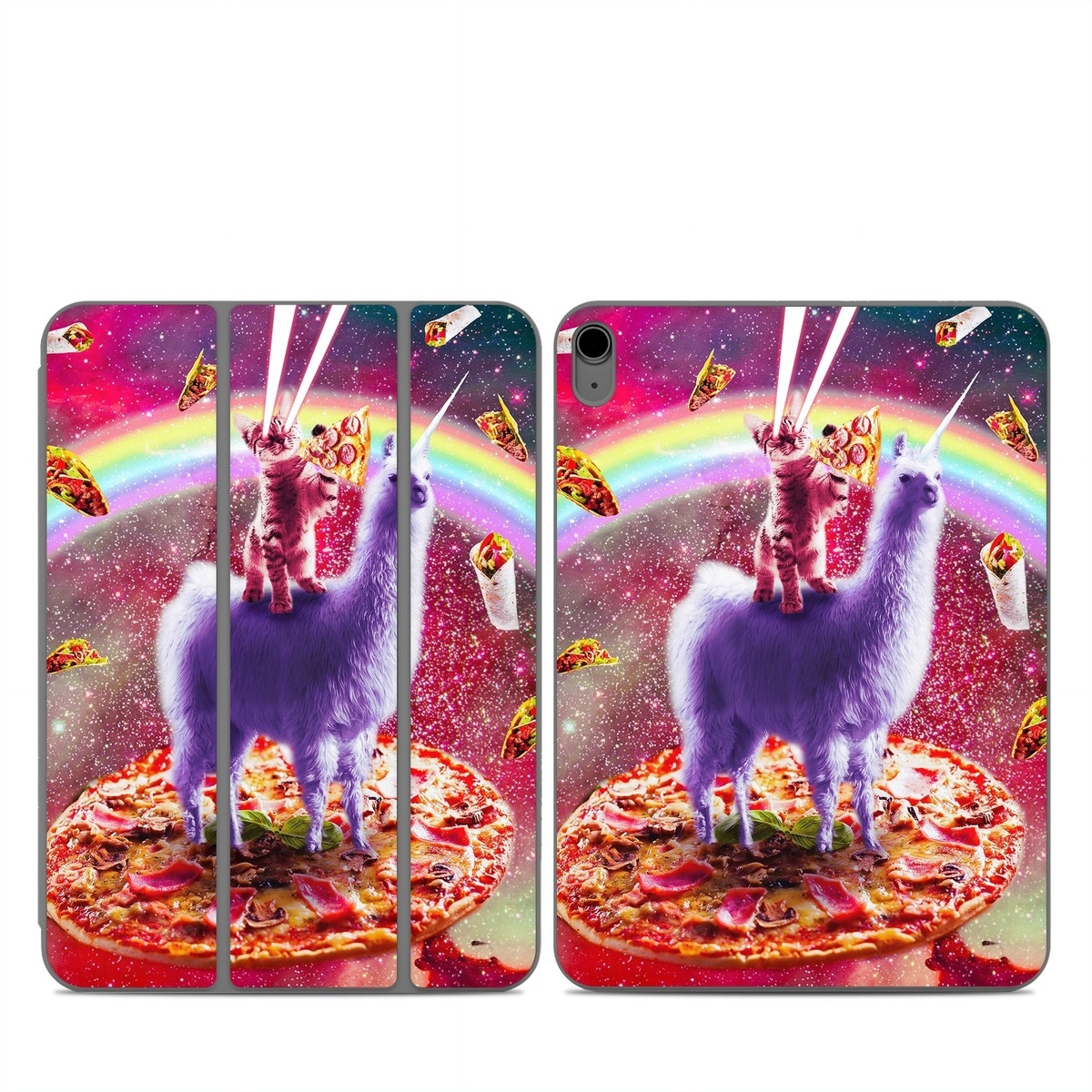 Smart Folio for iPad Series Skin design of Llama, Unicorn, Fictional character, Illustration, Graphic design, Livestock, Camelid, Mythical creature, Graphics, Art, with red, white, yellow, gray, purple, blue, green colors
