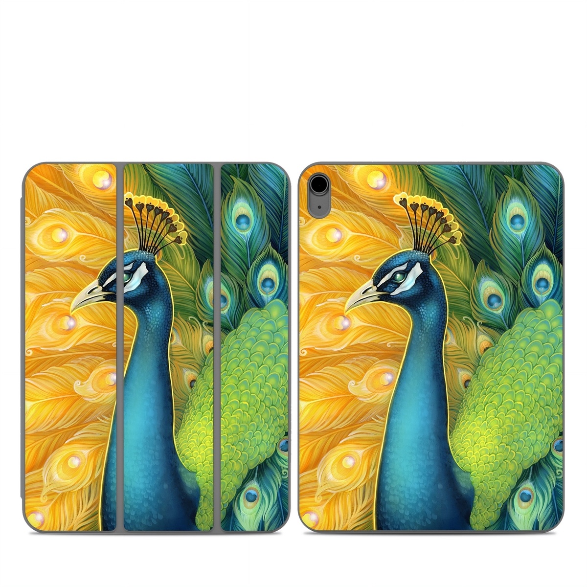 Smart Folio for iPad Series Skin design of Bird, Peafowl, Phasianidae, Beak, Organism, Art paint, Galliformes, Art, Feather, Painting, with yellow, orange, green, blue, white, black colors