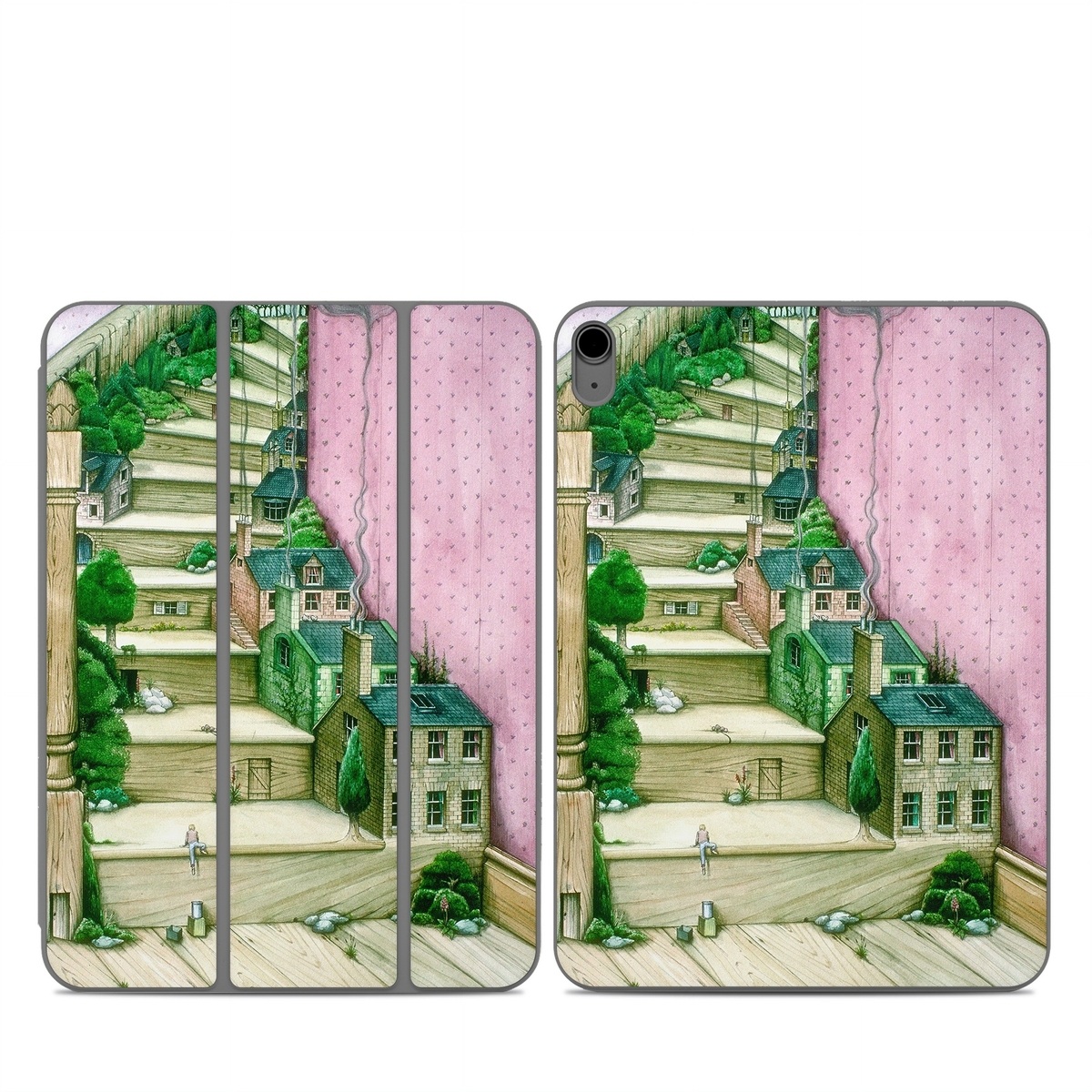 Smart Folio for iPad Series Skin design of Green, Stairs, House, Watercolor paint, Home, Illustration, Building, Wood, Plant, Sketch, with pink, green, brown colors