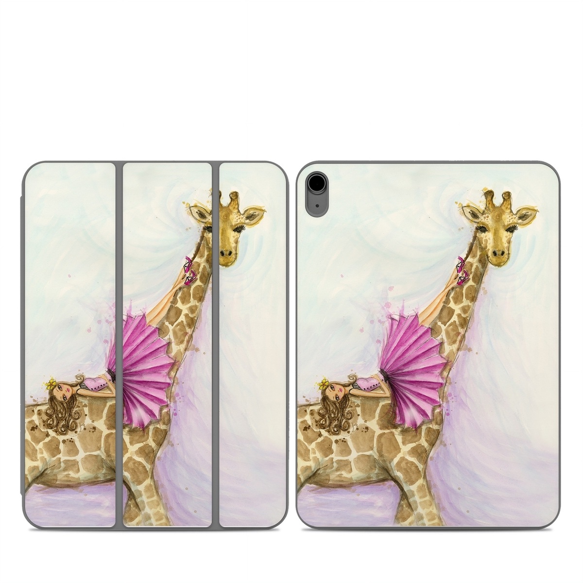 Smart Folio for iPad Series Skin design of Giraffe, Giraffidae, Terrestrial animal, Pink, Wildlife, Snout, Fawn, Illustration, Watercolor paint, Magenta, with blue, brown, orange, pink colors