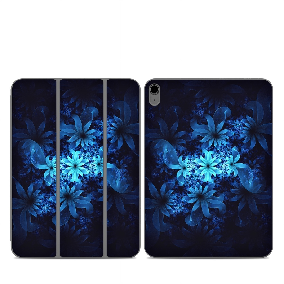 Smart Folio for iPad Series Skin design of Nature, Blue, Petal, Organism, Darkness, Flower, Colorfulness, Electric Blue, Majorelle Blue, Pattern, Botany, Still Life Photography, Space, Aquatic Plant, Fractal Art, Visual Arts, Illustration, Symmetry, Midnight, Wildflower, Painting, Still Life, with black, blue, white colors