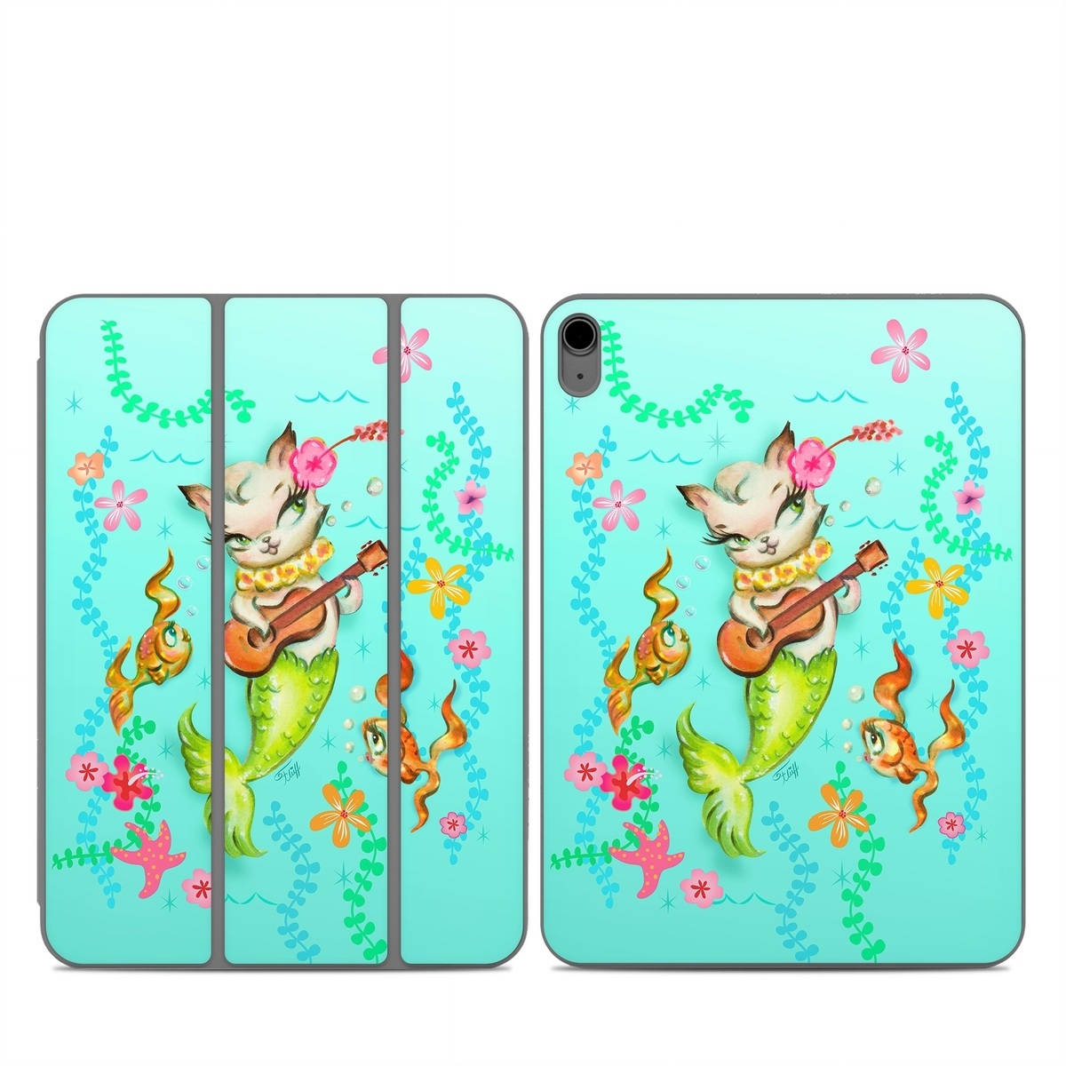 Smart Folio for iPad Series Skin design of Fictional character, Illustration, Mermaid, Mythical creature, Clip art, Art, with blue, green, pink, yellow, orange, white, gray, brown colors