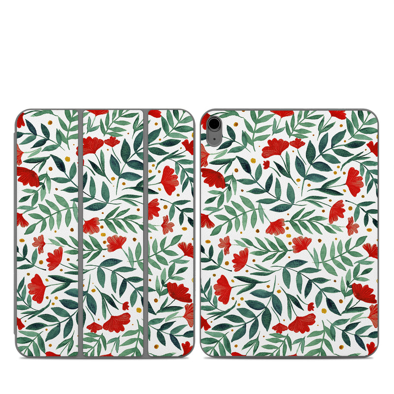 Smart Folio for iPad Series Skin design of Flower, Plant, Textile, Line, Petal, Pattern, Flowering plant, Pedicel, Creative arts, Rectangle, with red, green, orange, white colors