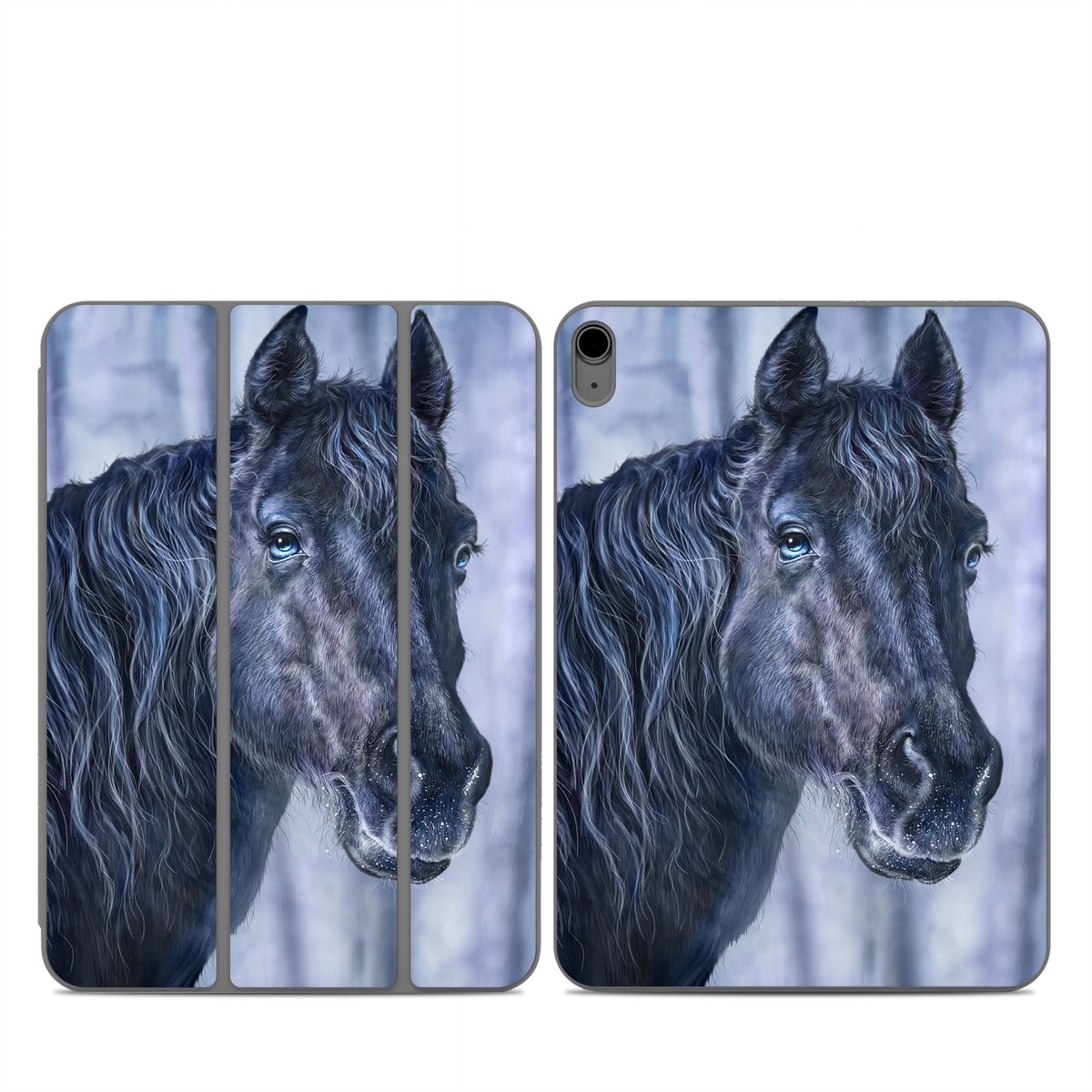 Smart Folio for iPad Series Skin design of Horse, Mammal, Vertebrate, Hair, Mane, Stallion, Snout, Mare, Mustang horse, Livestock, with black, white, blue colors