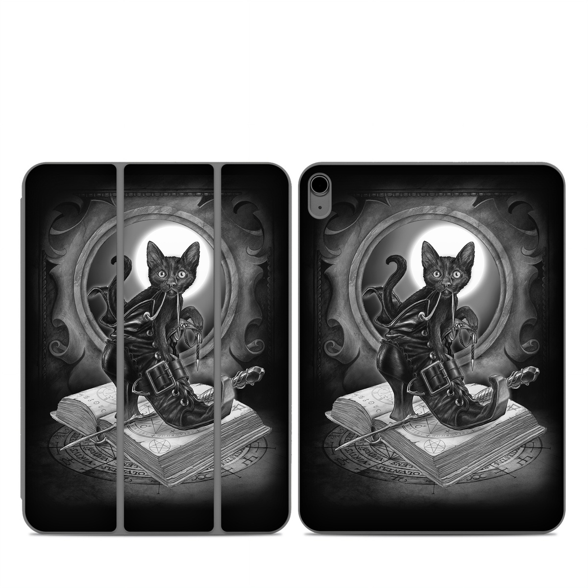 Smart Folio for iPad Series Skin design of Cat, Boot, Book, Wand, Shoelace, Mirror, with black, white, gray colors