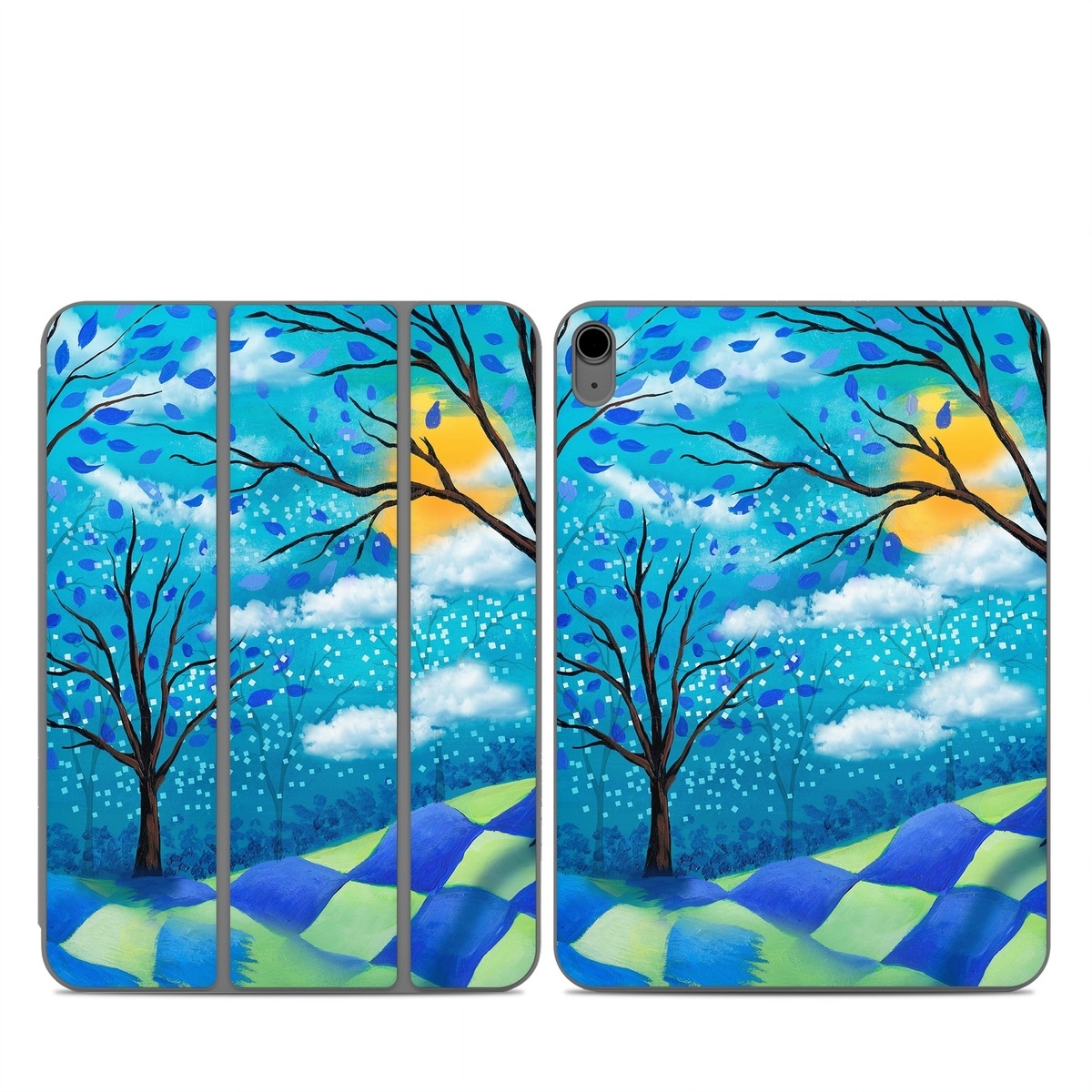 Smart Folio for iPad Series Skin design of Natural landscape, Nature, Blue, Tree, Sky, Branch, Spring, Woody plant, Plant, Leaf, with blue, gray, black, purple, green colors