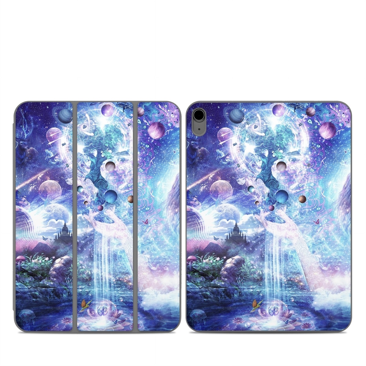 Smart Folio for iPad Series Skin design of Bird, Butterfly, Planets, Deer, Space, Purple, World, Astronomical Object, Cg Artwork, Illustration, Universe, Painting, Fictional Character, Outer Space, Astronomy, Science, Water Feature, Graphic Design, Graphics, Star, Mythology, with blue, purple, white, black, gray, green colors