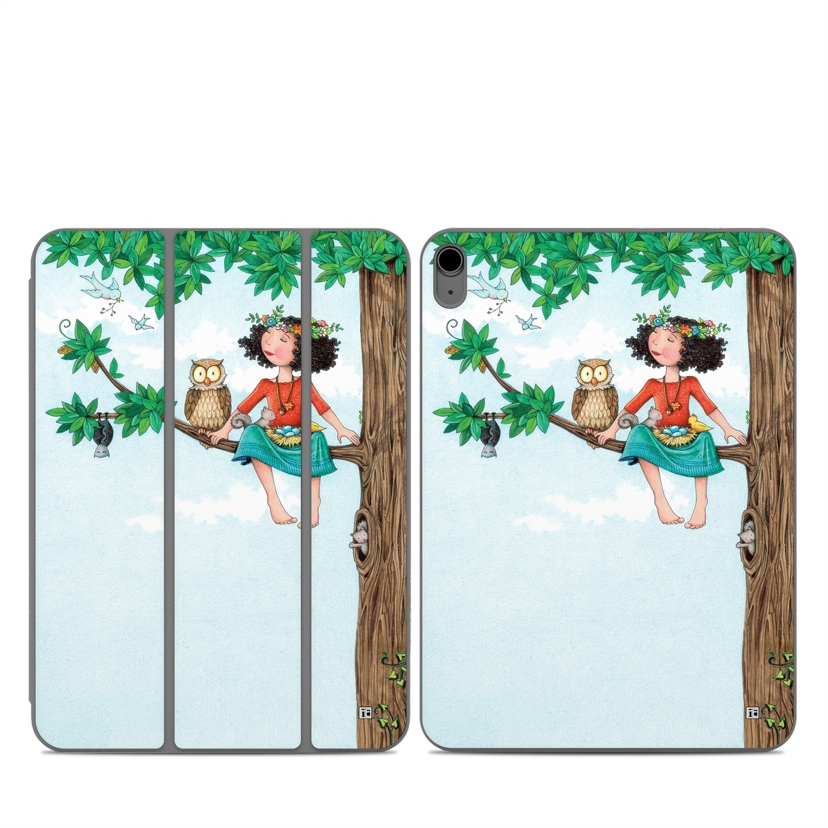Smart Folio for iPad Series Skin design of Cartoon, Illustration, Branch, Bird, Owl, Tree, Art, Plant, Clip art, Fictional character, with blue, gray, red, black, white, green colors