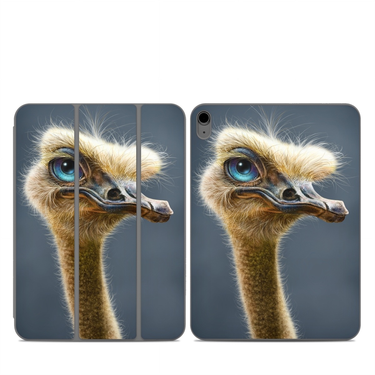 Smart Folio for iPad Series Skin design of Ostrich, Flightless bird, Ratite, Bird, Beak, Close-up, Emu, Wildlife, Organism, Terrestrial animal, with black, gray, blue, green, red colors