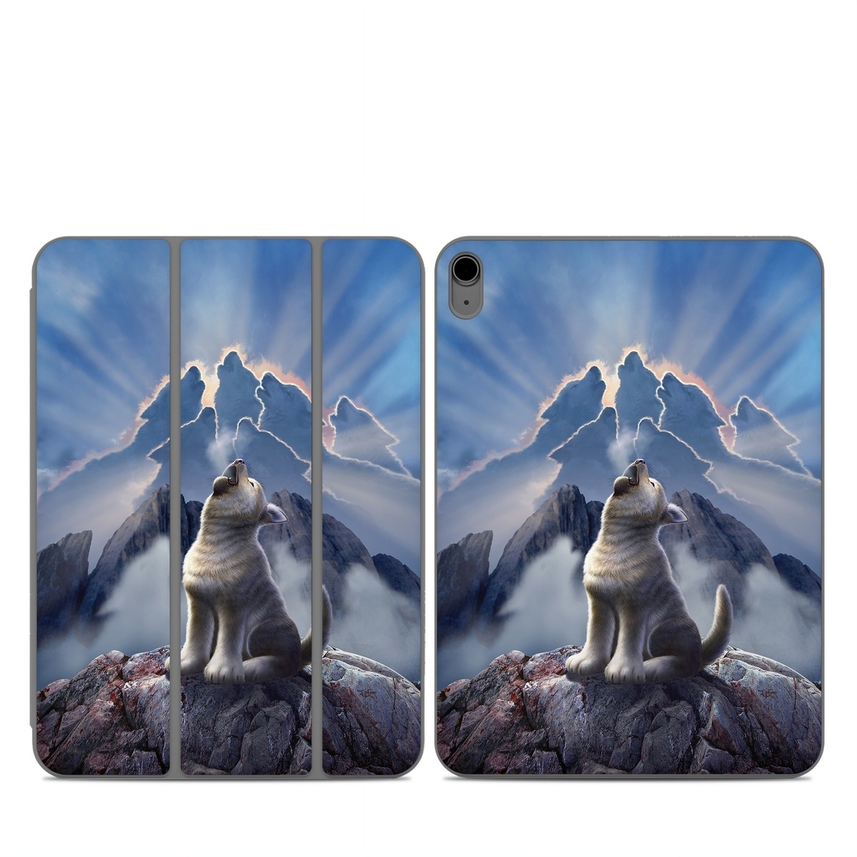 Smart Folio for iPad Series Skin design of Sky, Cloud, Atmosphere, Rock, Wolf, Photography, Cg artwork, Illustration, Mountain, Mythology, with white, blue, gray, brown colors
