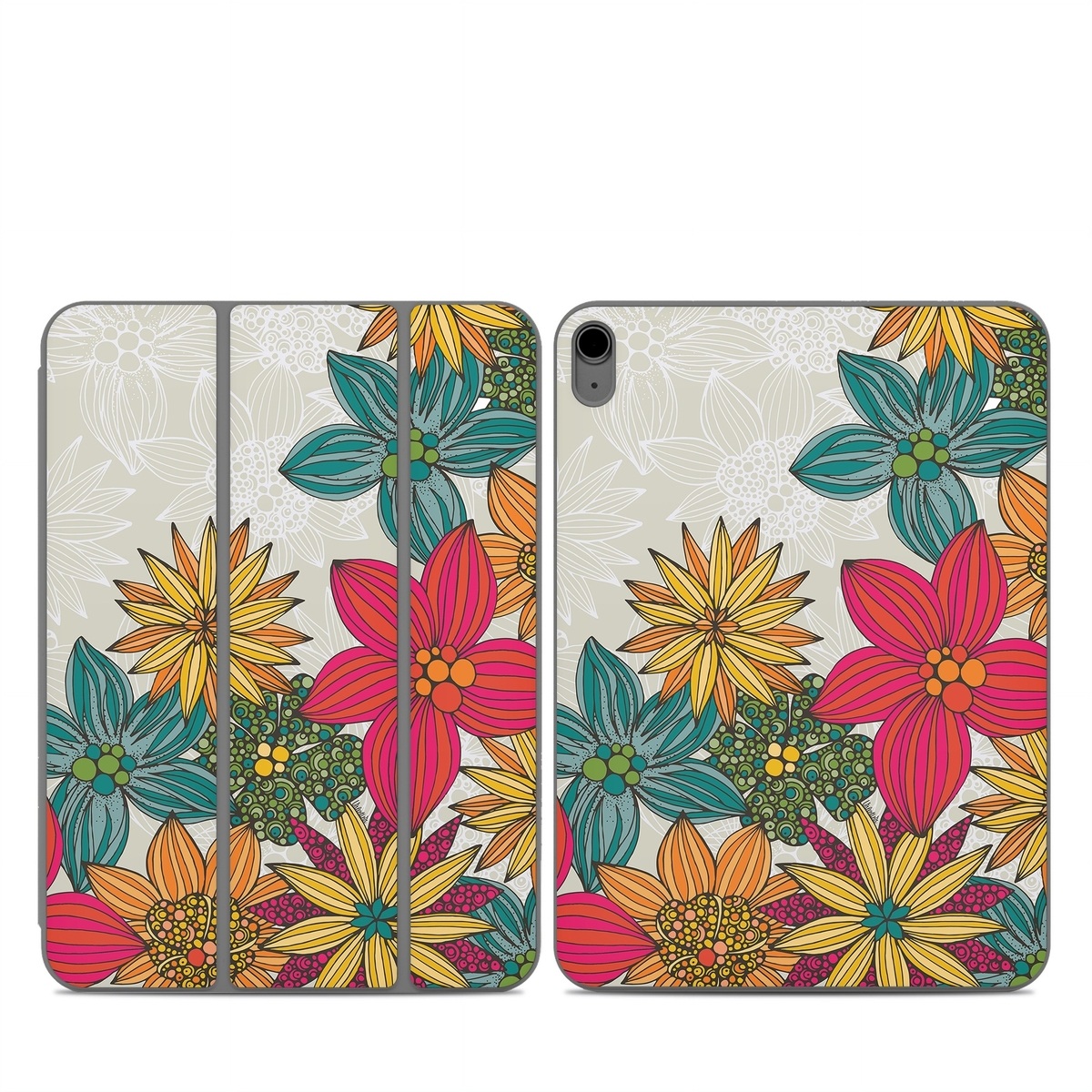 Smart Folio for iPad Series Skin design of Floral design, Pattern, Flower, Wildflower, Plant, Botany, Leaf, Design, Textile, Visual arts, with blue, yellow, red, green, orange, gray colors