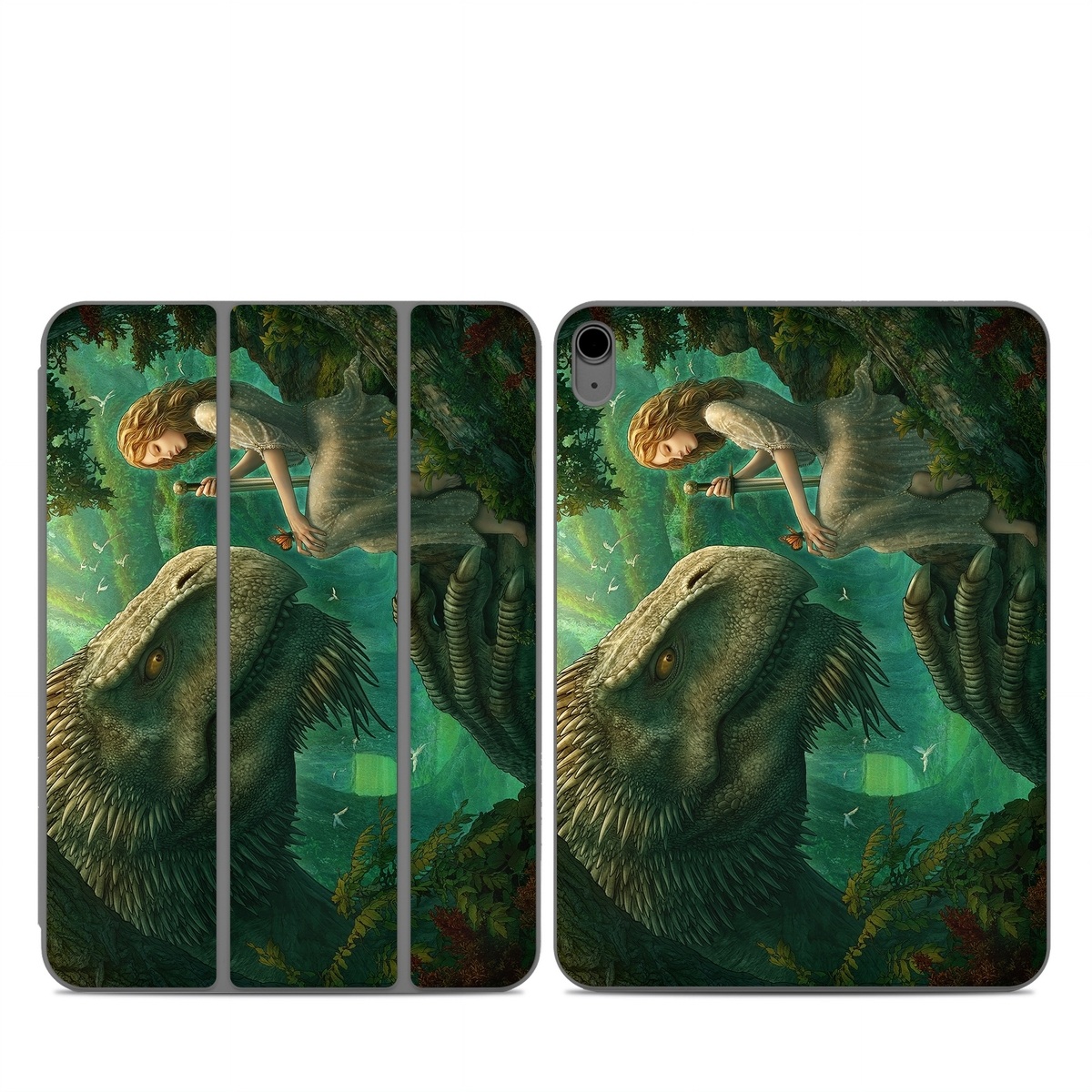 Smart Folio for iPad Series Skin design of Dinosaur, Cg artwork, Mythology, Fictional character, Troodon, Extinction, Velociraptor, Illustration, Animated cartoon, Tyrannosaurus, with black, green, gray, red colors