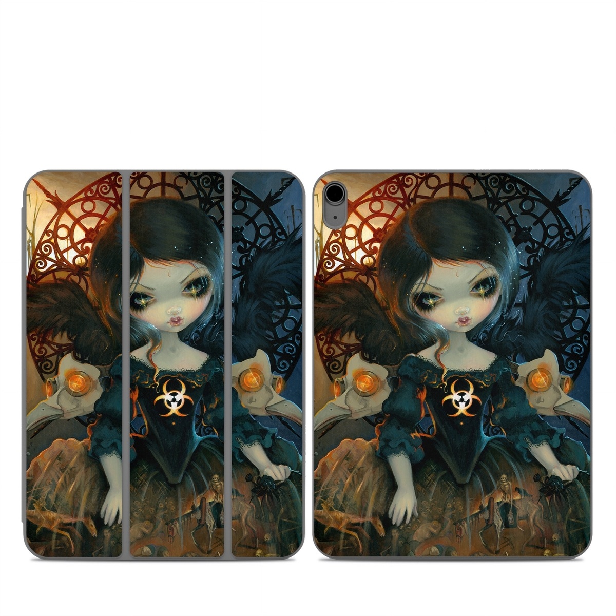 Smart Folio for iPad Series Skin design of Doll, Head, Illustration, Eye, Cg artwork, Fictional character, Toy, Iris, Art, Mythology, with brown, red, black, orange, blue, yellow colors