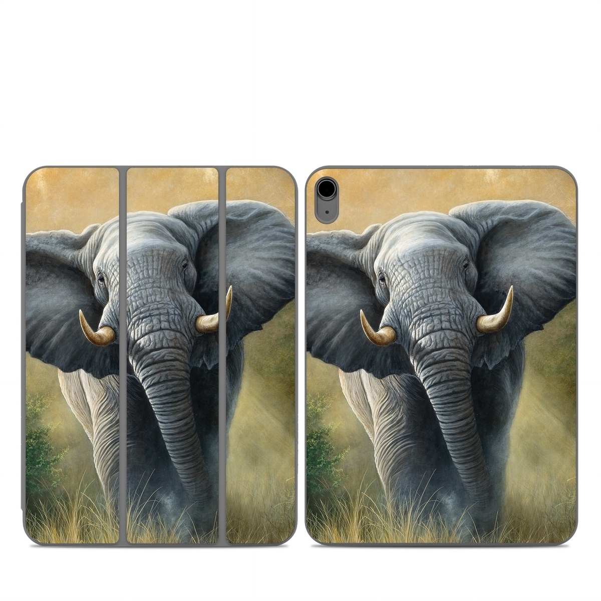 Smart Folio for iPad Series Skin design of Terrestrial animal, Elephants and Mammoths, Vertebrate, Wildlife, Mammal, African elephant, Indian elephant, Grassland, Working animal, Tusk, with gray, white, green, brown, yellow, orange colors