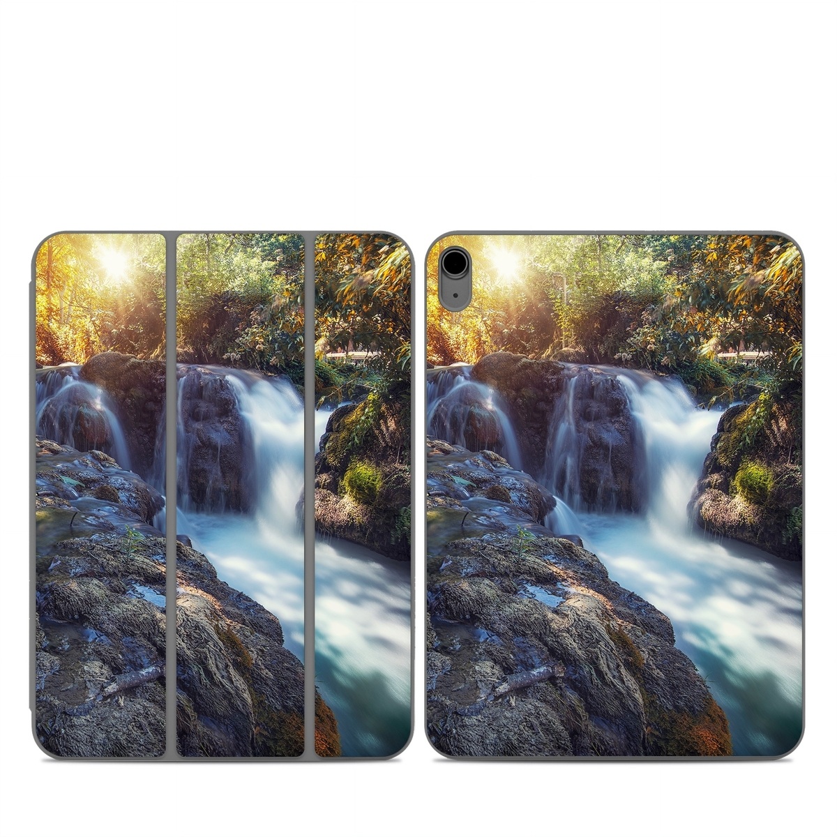 Smart Folio for iPad Series Skin design of Waterfall, Natural landscape, Body of water, Nature, Water resources, Water, Watercourse, Stream, Nature reserve, Rock, with gray, yellow, orange, green, white, blue colors