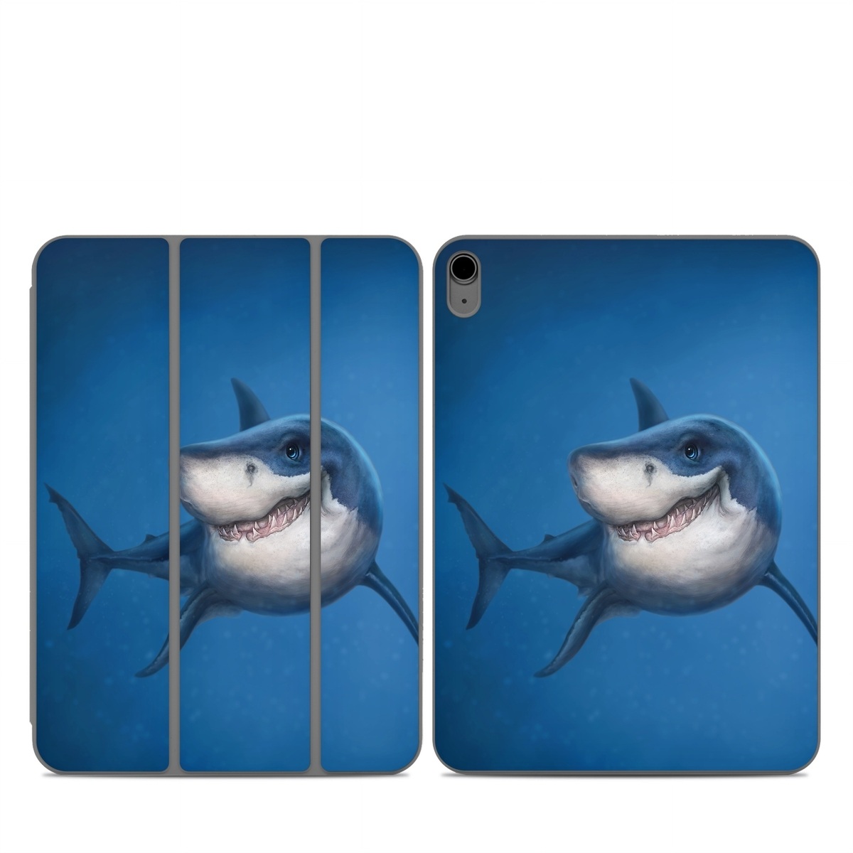 Smart Folio for iPad Series Skin design of Fish, Great white shark, Shark, Tiger shark, Cartilaginous fish, Requiem shark, Lamniformes, Bull shark, Carcharhiniformes, with black, blue, gray colors