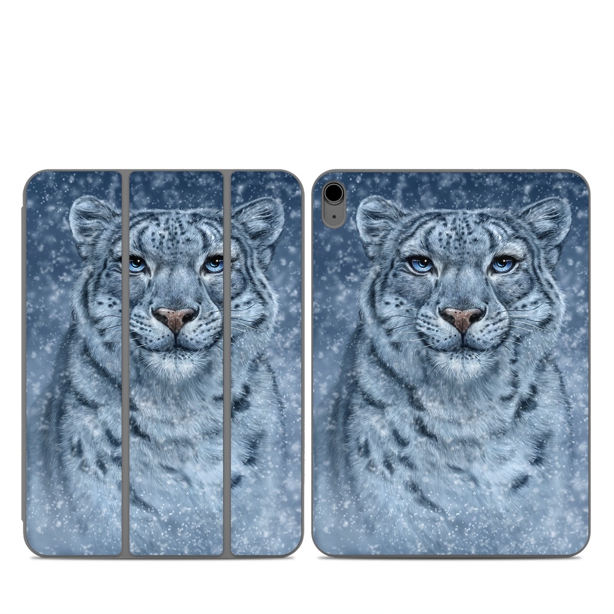 Smart Folio for iPad Series Skin design of Snow, Carnivore, Felidae, Whiskers, Terrestrial animal, Snout, Big cats, Painting, Fur, Illustration, with white, black, blue, gray colors