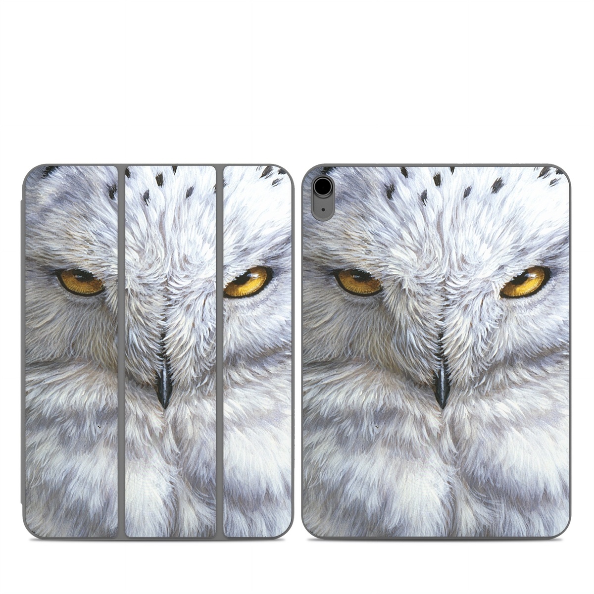 Smart Folio for iPad Series Skin design of Owl, Bird, Bird of prey, Snowy owl, great grey owl, Close-up, Eye, Snout, Wildlife, Eastern Screech owl, with gray, white, black, blue, purple colors