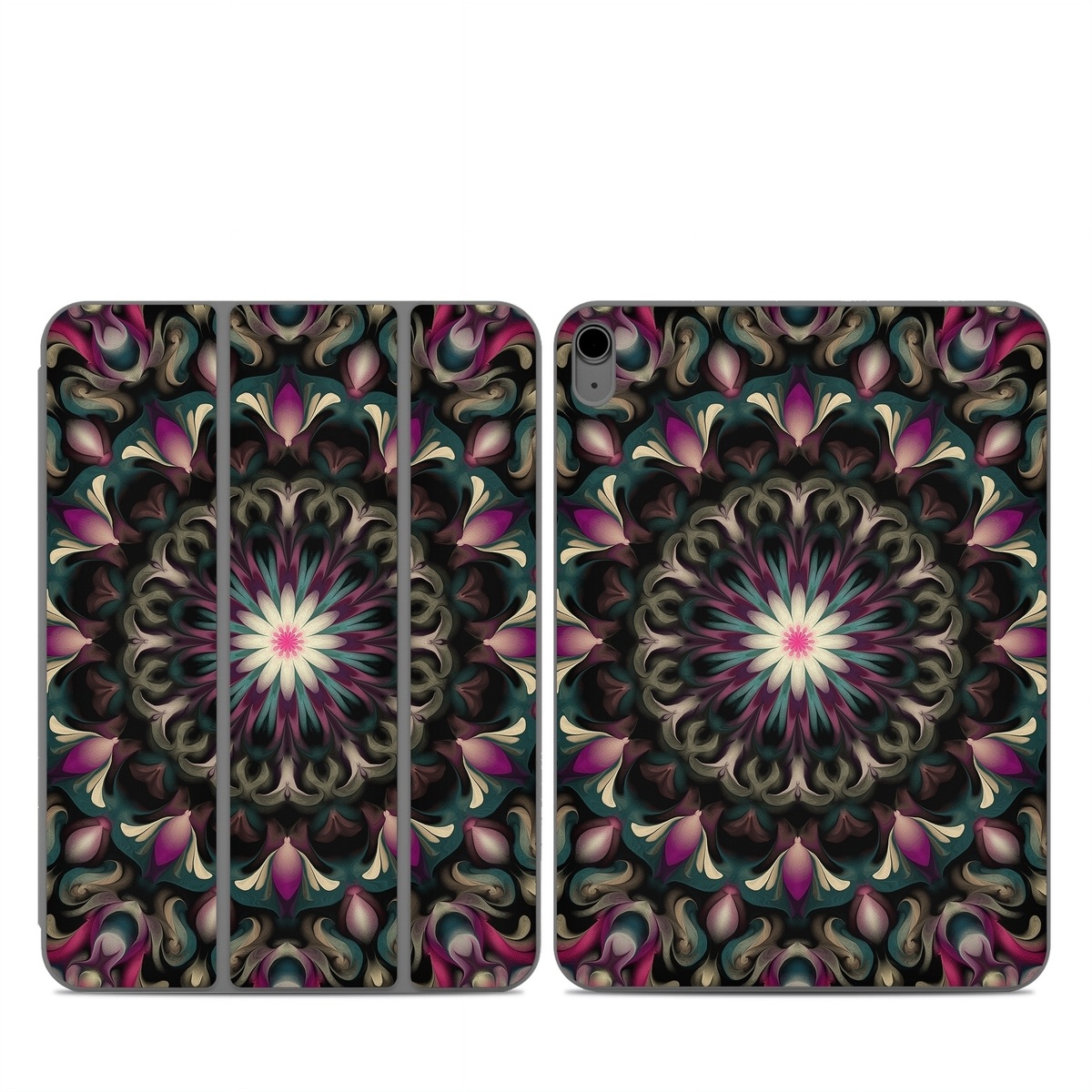 Smart Folio for iPad Series Skin design of Fractal art, Pattern, Pink, Psychedelic art, Art, Kaleidoscope, Design, Symmetry, Visual arts, Textile, with black, purple, white, green, blue colors