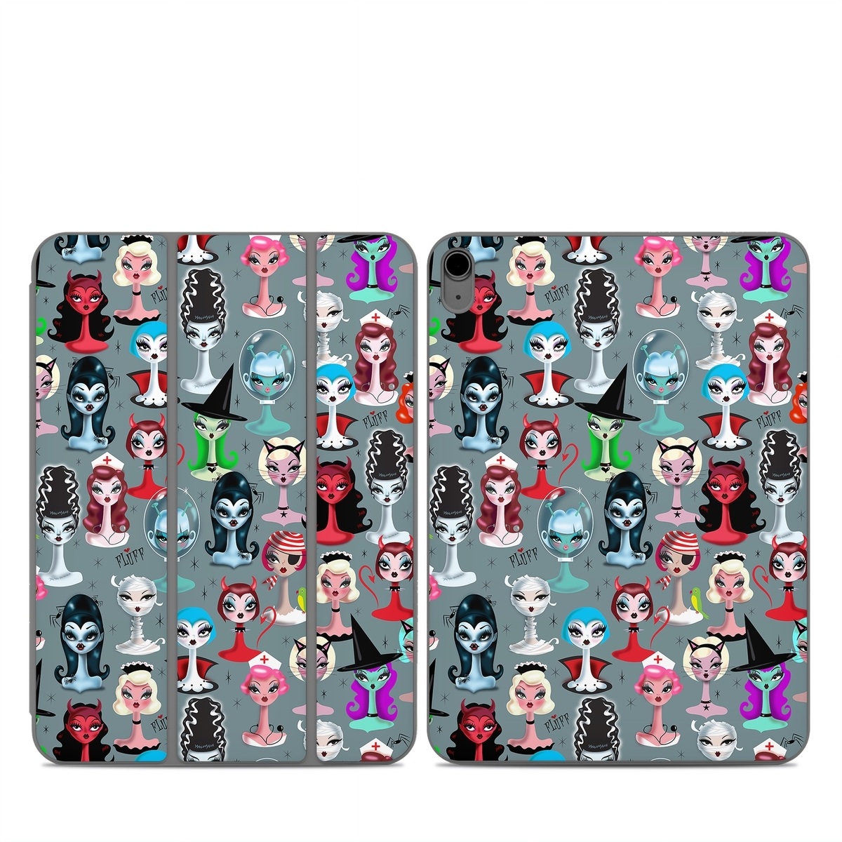 Smart Folio for iPad Series Skin design of Facial expression, Head, Design, Collection, Fictional character, Pattern, Skull, Illustration, Collage, Style, with gray, white, red, blue, green, black, pink, purple colors