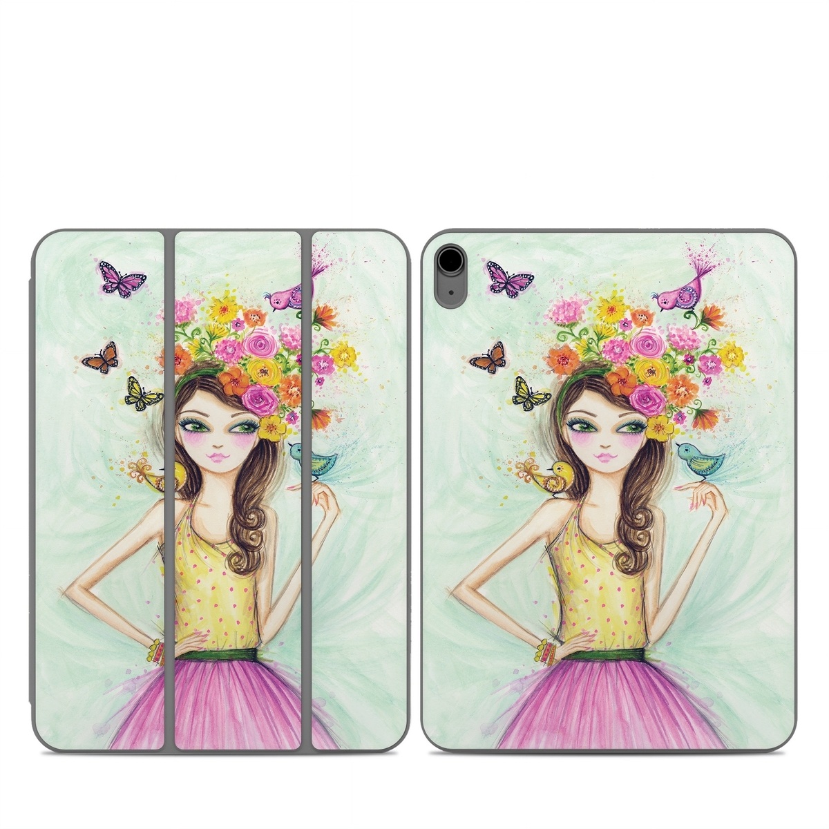 Smart Folio for iPad Series Skin design of Pink, Illustration, Fashion illustration, Watercolor paint, Fictional character, Dress, Hair accessory, Wildflower, Costume, Plant, with blue, pink, yellow, orange, purple, brown, green colors