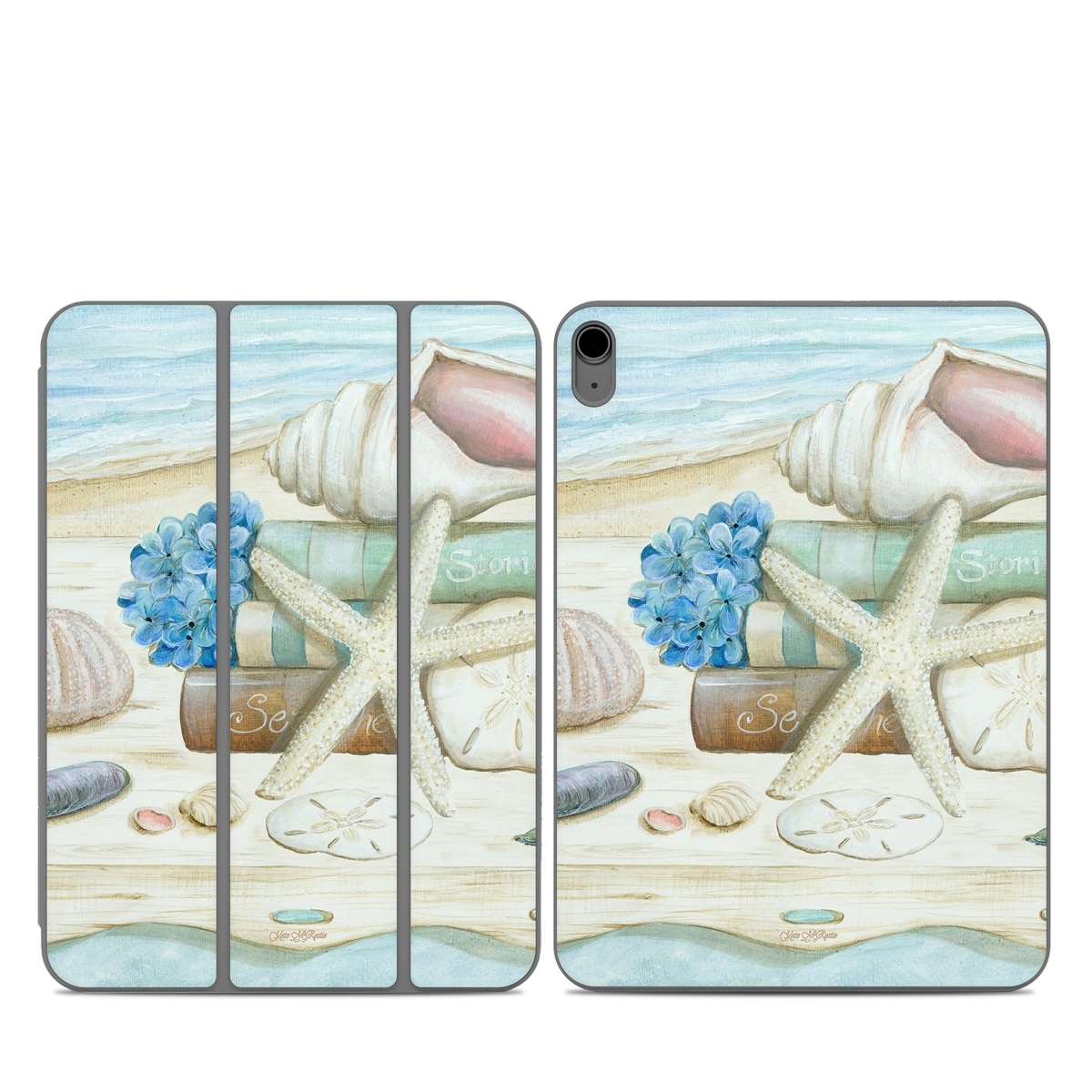 Smart Folio for iPad Series Skin design of Starfish, Shell, Hydrangea, Plant, Flower, Still life, Echinoderm, Cornales, with gray, green, blue, yellow colors