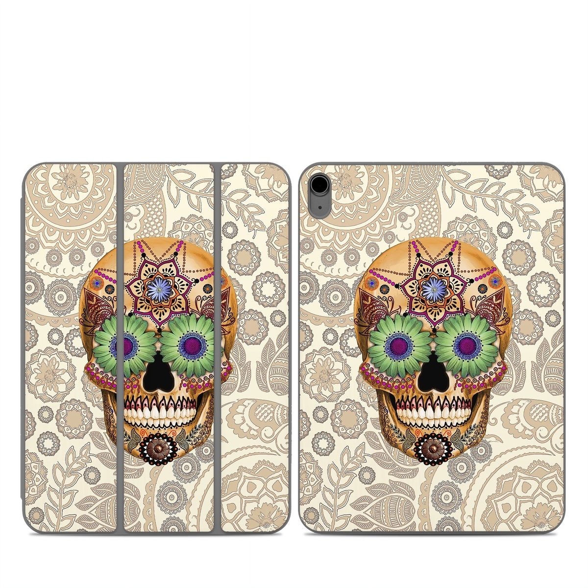 Smart Folio for iPad Series Skin design of Skull, Bone, Pattern, Design, Illustration, Visual arts, Fashion accessory, Art, with gray, yellow, green, black, red, pink colors