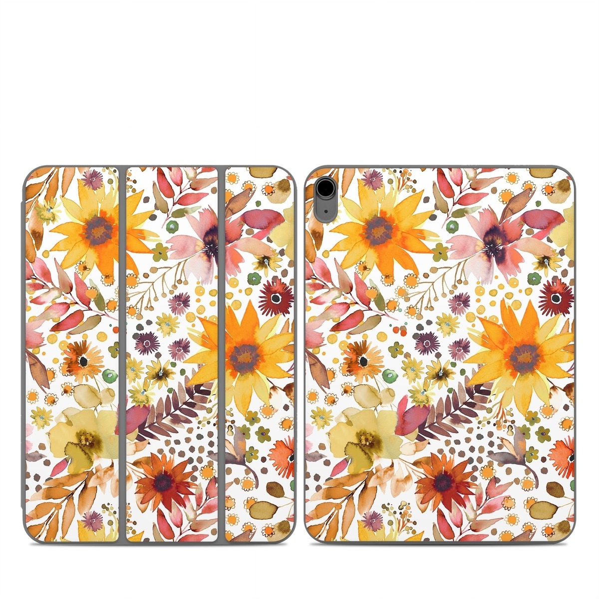 Smart Folio for iPad Series Skin design of Flower, Plant, Petal, Botany, Textile, Orange, Line, Groundcover, Creative arts, Flowering plant, with white, yellow, pink, green, brown, orange colors