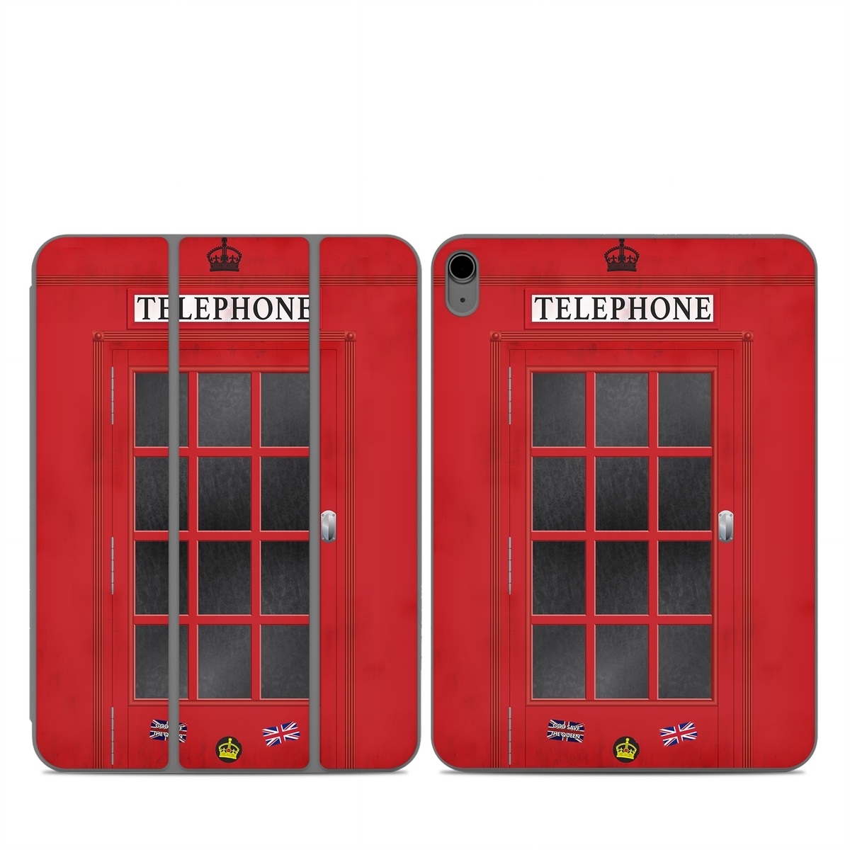 Smart Folio for iPad Series Skin design of Red, Font, Building, Telephone Booth, Facade, with red, black, gray, white, blue, yellow colors