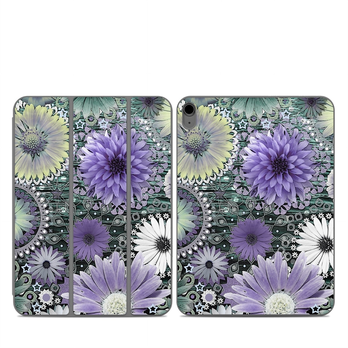 Smart Folio for iPad Series Skin design of Purple, Flower, african daisy, Pericallis, Plant, Violet, Lavender, Botany, Petal, Pattern, with gray, black, blue, purple, white colors