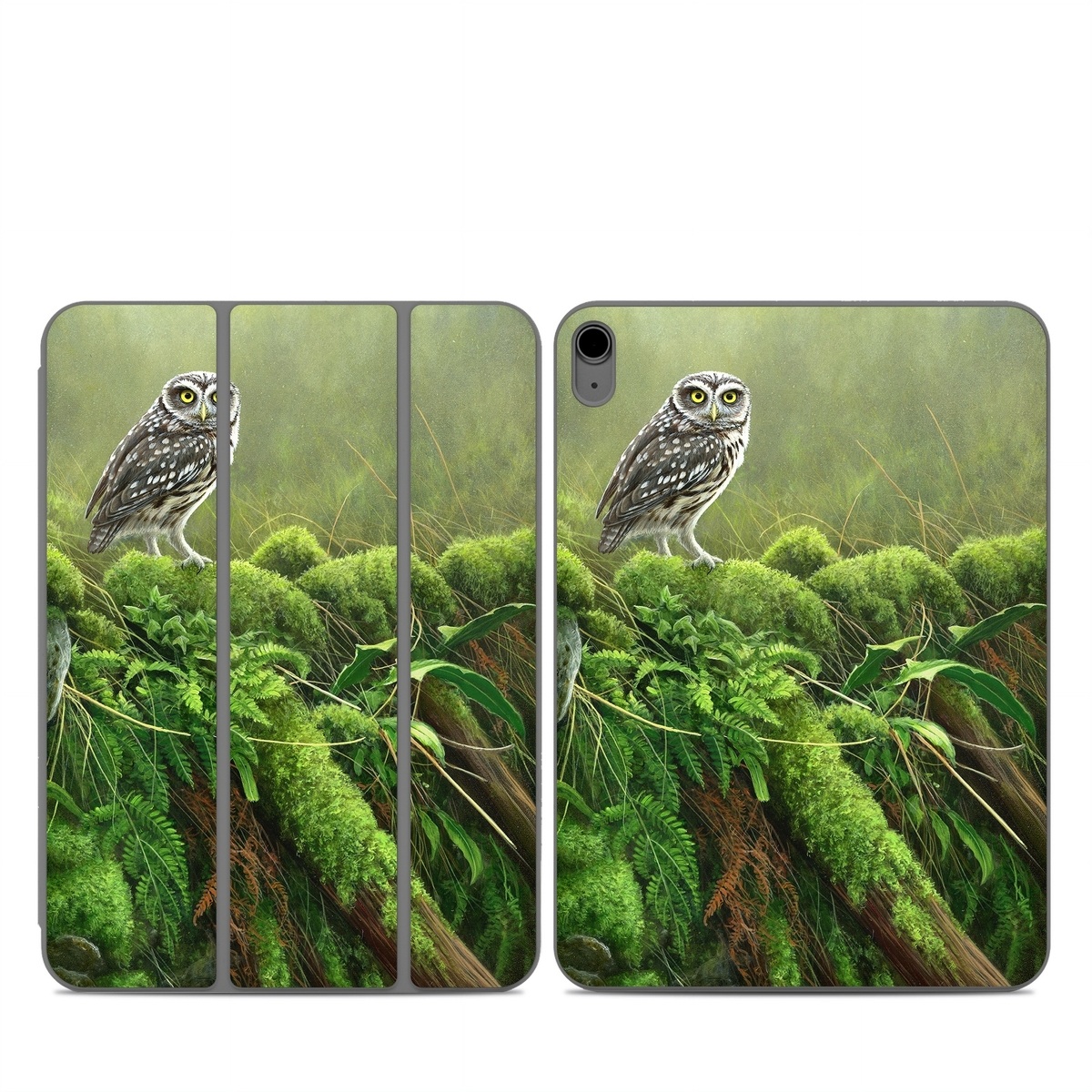 Smart Folio for iPad Series Skin design of Nature, Owl, Bird, Bird of prey, great grey owl, Adaptation, Terrestrial plant, Wildlife, Plant, Organism, with brown, gray, green, white colors