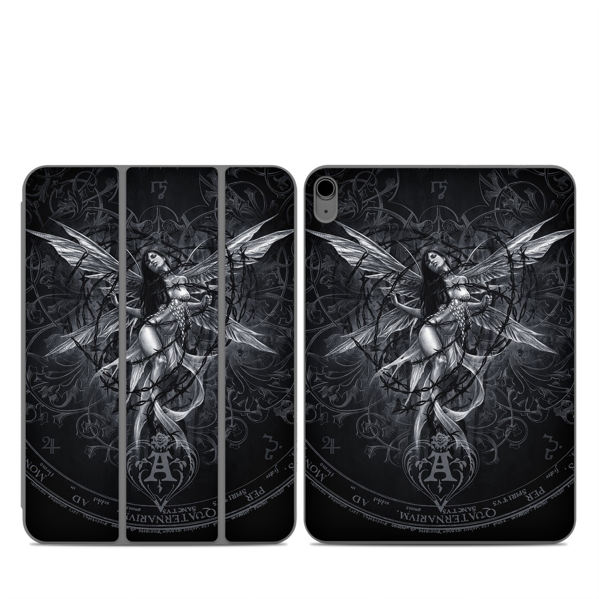 Smart Folio for iPad Series Skin design of Illustration, Graphic design, Darkness, Fictional character, Black-and-white, Pattern, Graphics, Mythical creature, Circle, Wing, with black, white colors