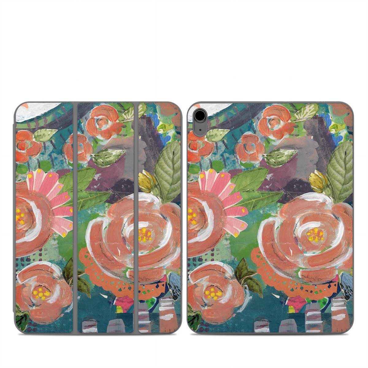 Smart Folio for iPad Series Skin design of Painting, Watercolor paint, Still life, Child art, Art, Illustration, Acrylic paint, Flower, Visual arts, Textile, with green, pink, red, yellow, blue, white, black, gray colors