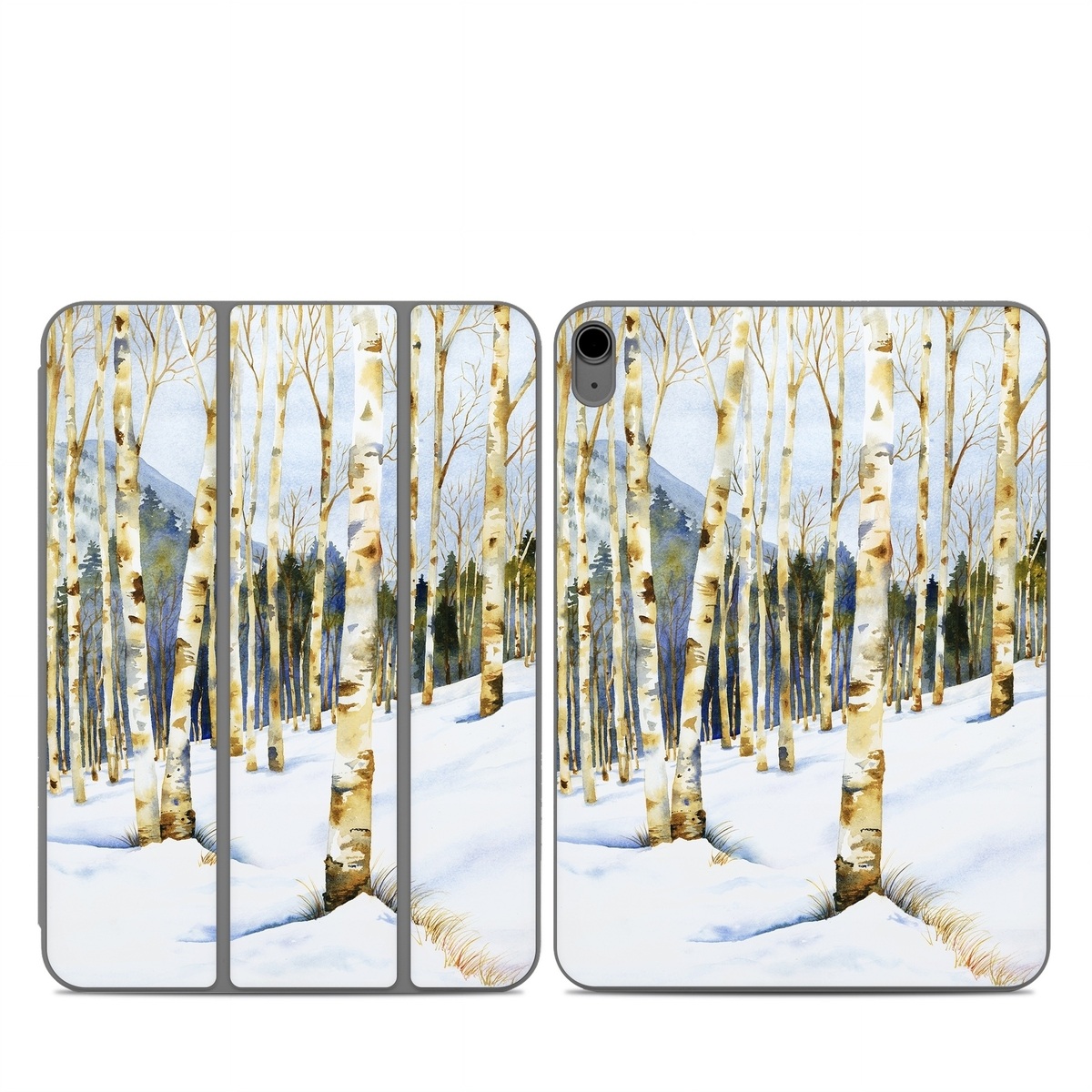 Smart Folio for iPad Series Skin design of Tree, Snow, Winter, Canoe birch, Nature, Birch, Forest, Natural environment, Freezing, Woody plant, with white, brown, black, gray colors