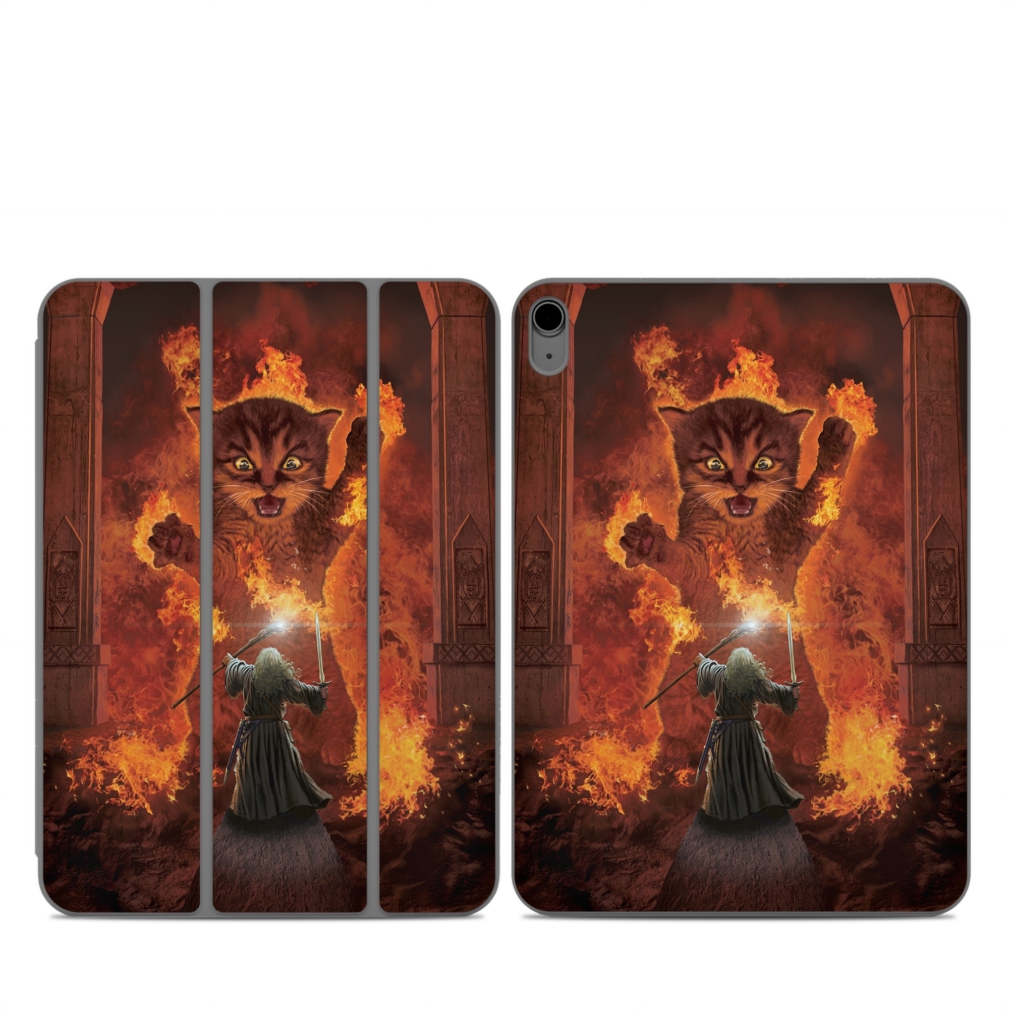 Smart Folio for iPad Series Skin design of Cartoon, Art, Carnivore, Cg artwork, Felidae, Supernatural creature, Big cats, Heat, Fictional character, Darkness, with black, red, white, gray, yellow colors
